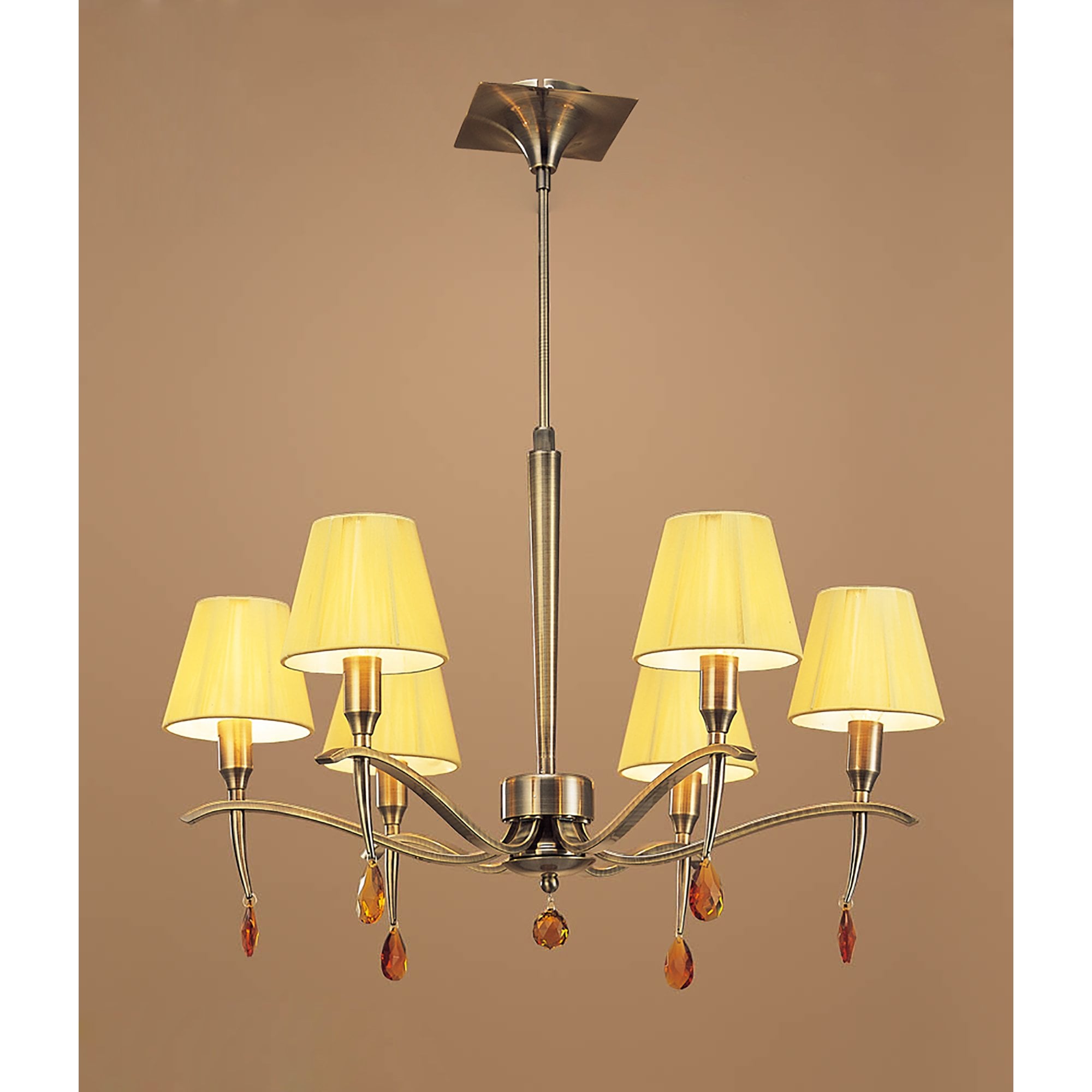 M0342AB Siena Pendant Round 6 Light E14 Antique Brass Amber Cream Shades And Amber Crystal