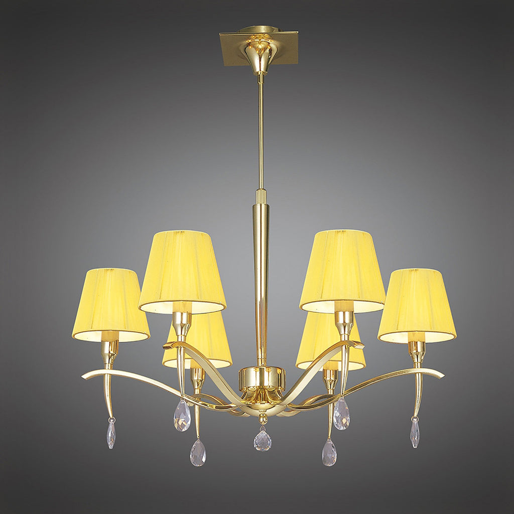 M0342PB Siena Pendant Round 6 Light E14 Polished Brass Amber Cream Shades And Clear Crystal