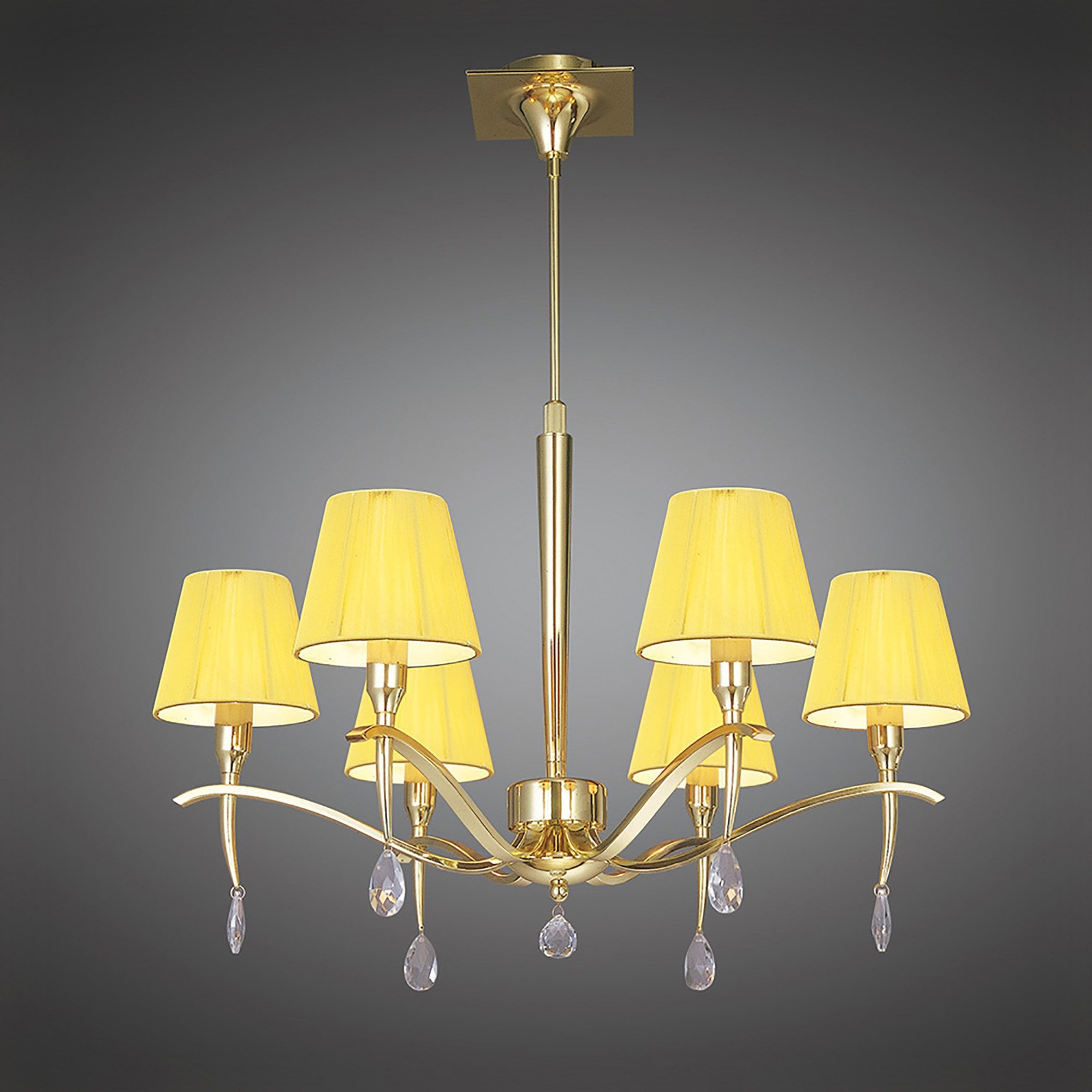 M0342PB Siena Pendant Round 6 Light E14 Polished Brass Amber Cream Shades And Clear Crystal