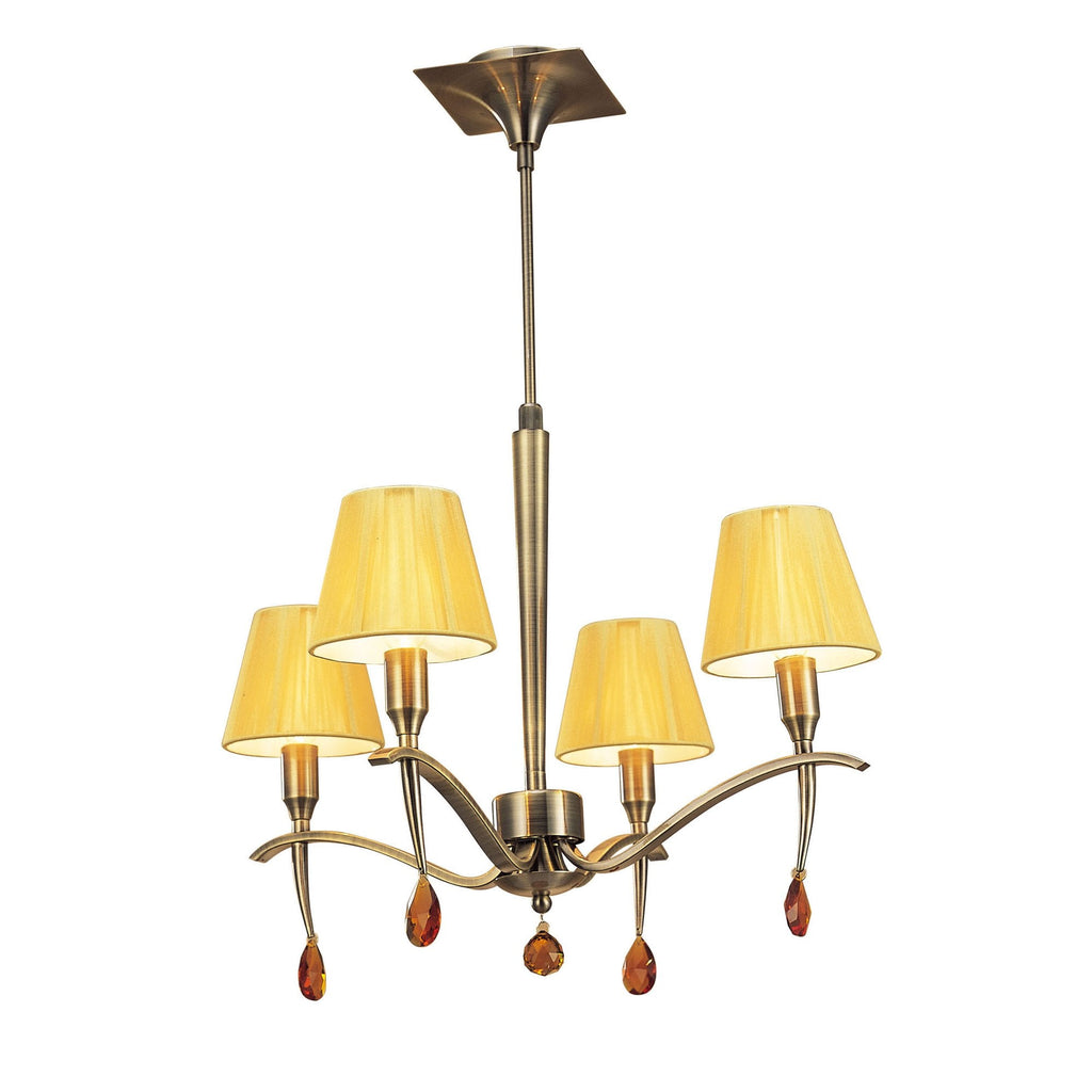 M0343AB Siena Pendant Round 4 Light E14 Antique Brass Amber Cream Shades And Amber Crystal