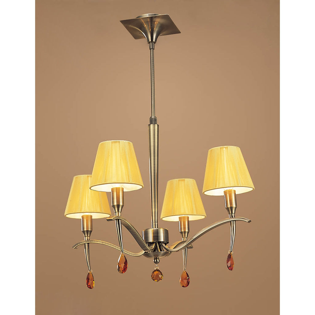 M0343AB Siena Pendant Round 4 Light E14 Antique Brass Amber Cream Shades And Amber Crystal