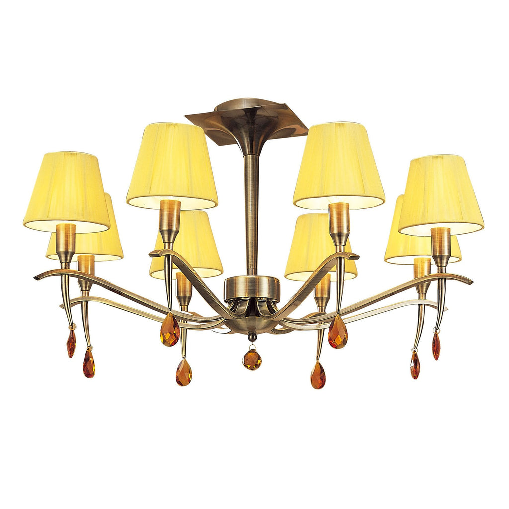 M0344AB Siena Semi Flush Round 6 Light E14 Antique Brass Amber Cream Shades And Amber Crystal