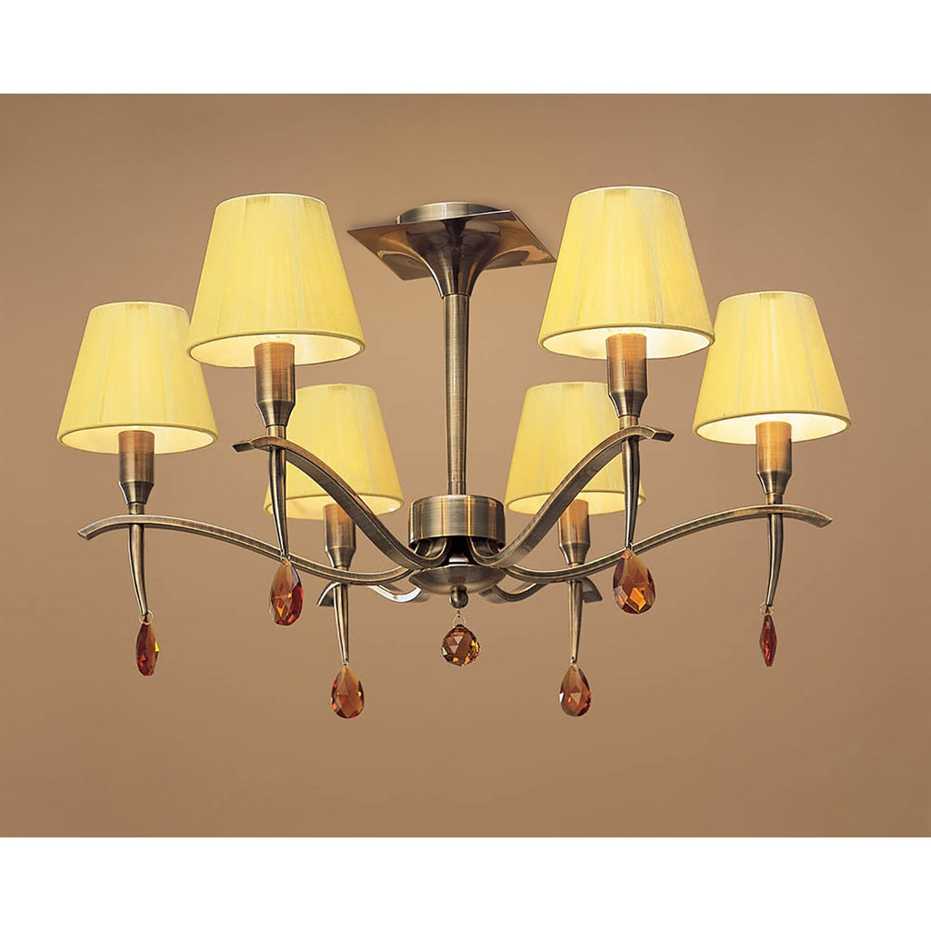M0344AB Siena Semi Flush Round 6 Light E14 Antique Brass Amber Cream Shades And Amber Crystal