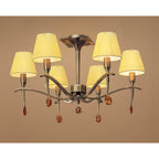 M0344AB Siena Semi Flush Round 6 Light E14 Antique Brass Amber Cream Shades And Amber Crystal