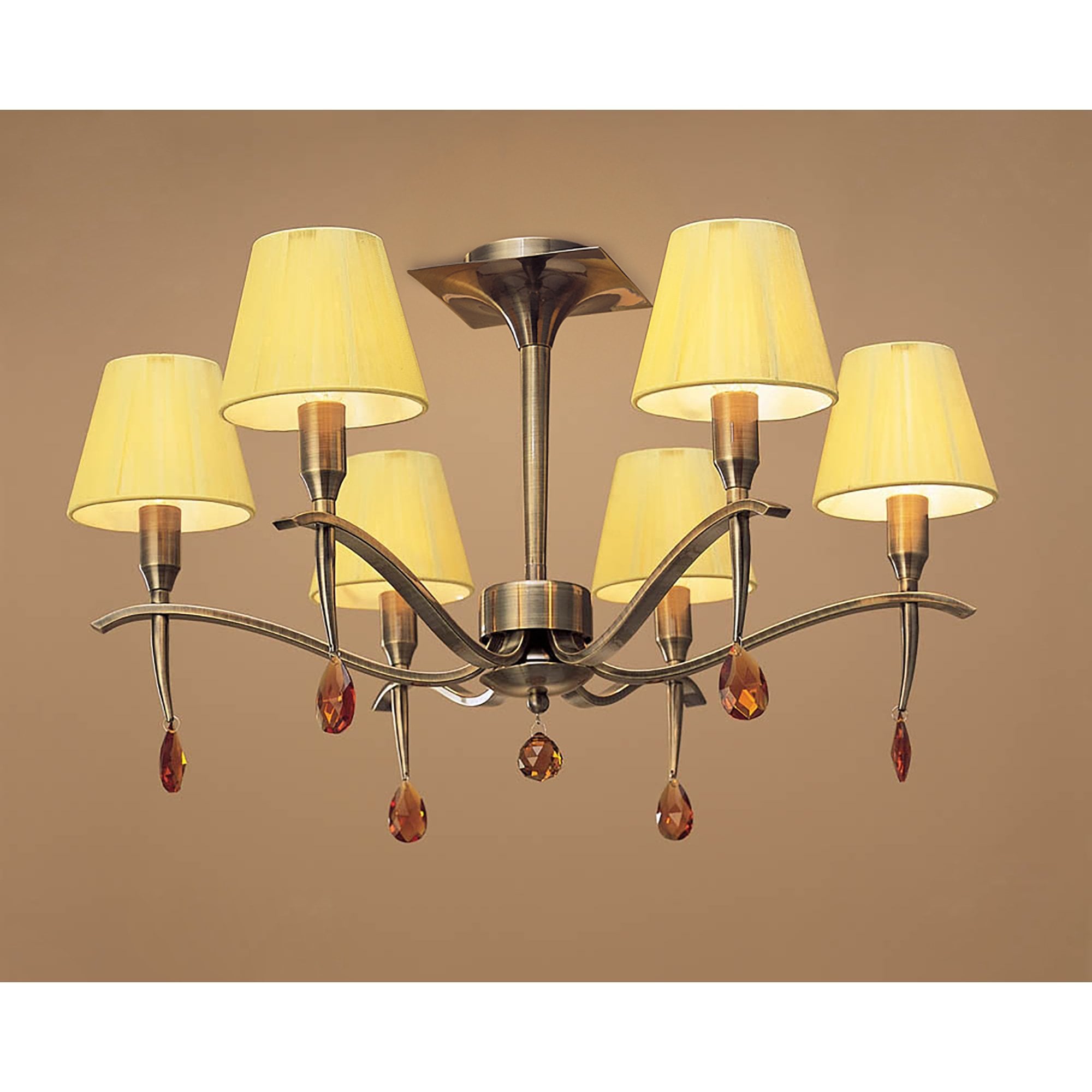 M0344AB Siena Semi Flush Round 6 Light E14 Antique Brass Amber Cream Shades And Amber Crystal