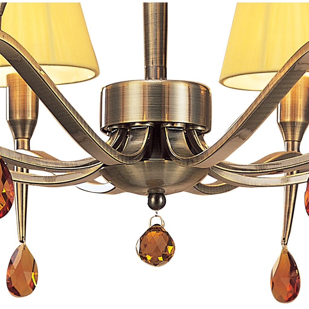 M0344AB Siena Semi Flush Round 6 Light E14 Antique Brass Amber Cream Shades And Amber Crystal