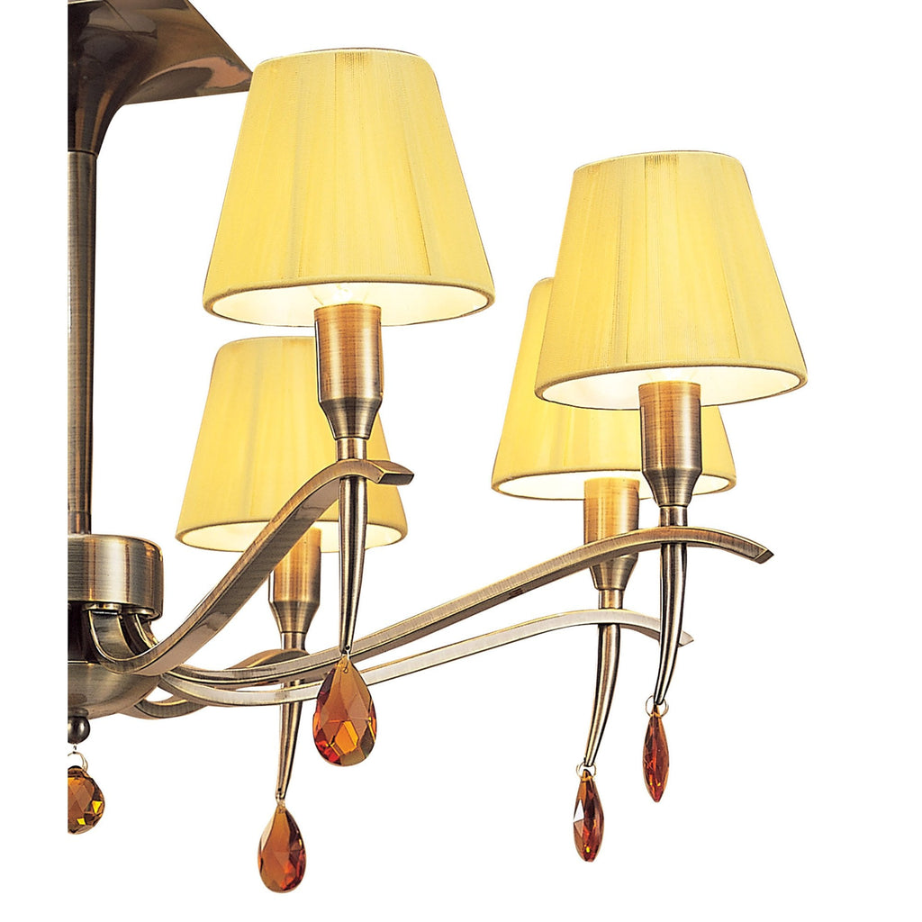 M0344AB Siena Semi Flush Round 6 Light E14 Antique Brass Amber Cream Shades And Amber Crystal