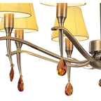 M0344AB Siena Semi Flush Round 6 Light E14 Antique Brass Amber Cream Shades And Amber Crystal