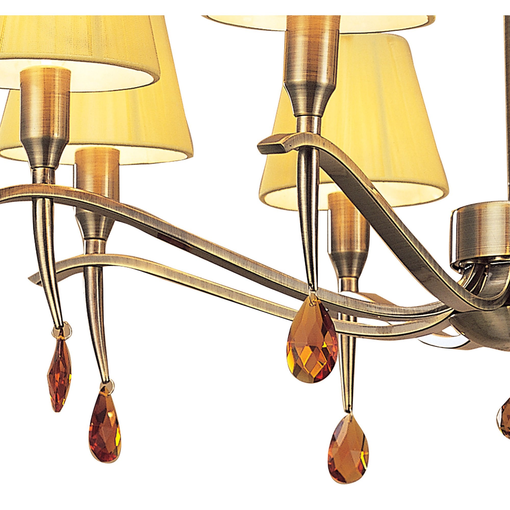 M0344AB Siena Semi Flush Round 6 Light E14 Antique Brass Amber Cream Shades And Amber Crystal