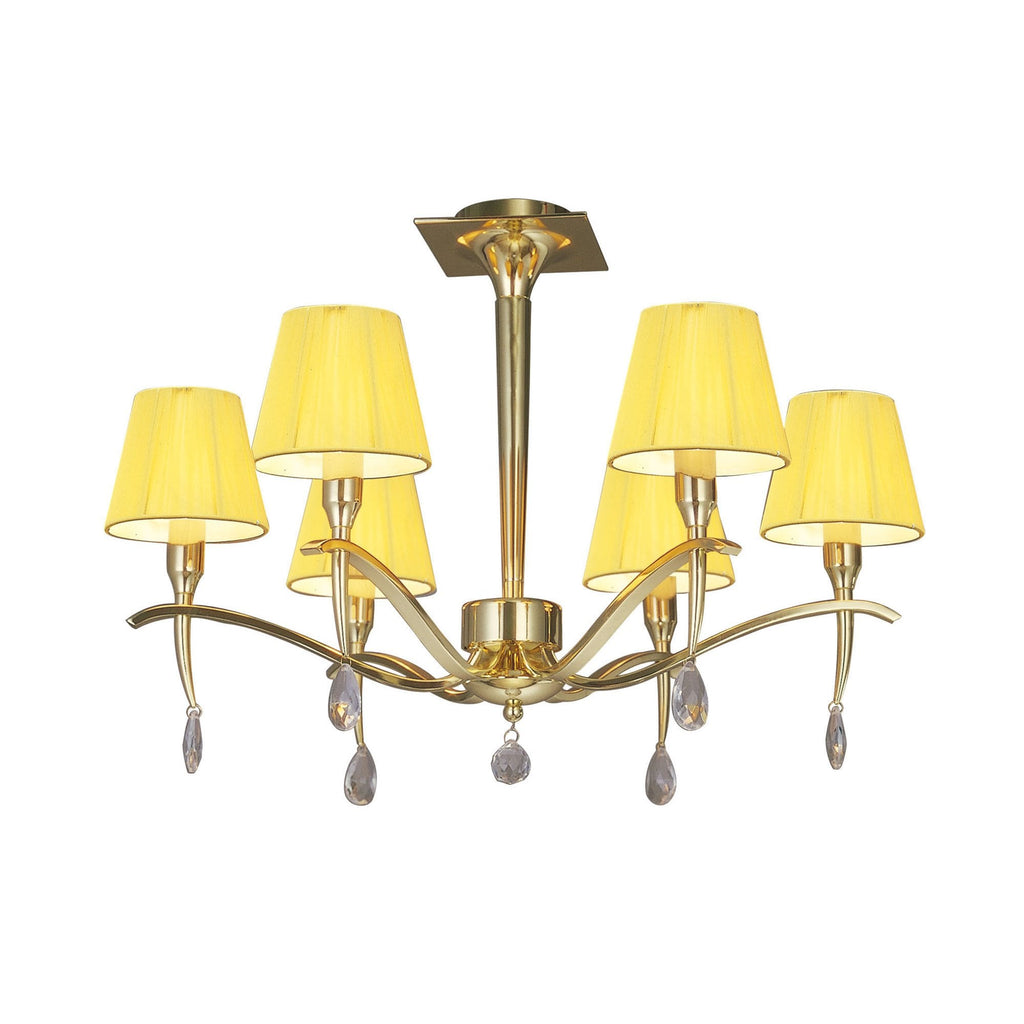 M0344PB Siena Semi Flush Round 6 Light E14 Polished Brass Amber Cream Shades And Clear Crystal