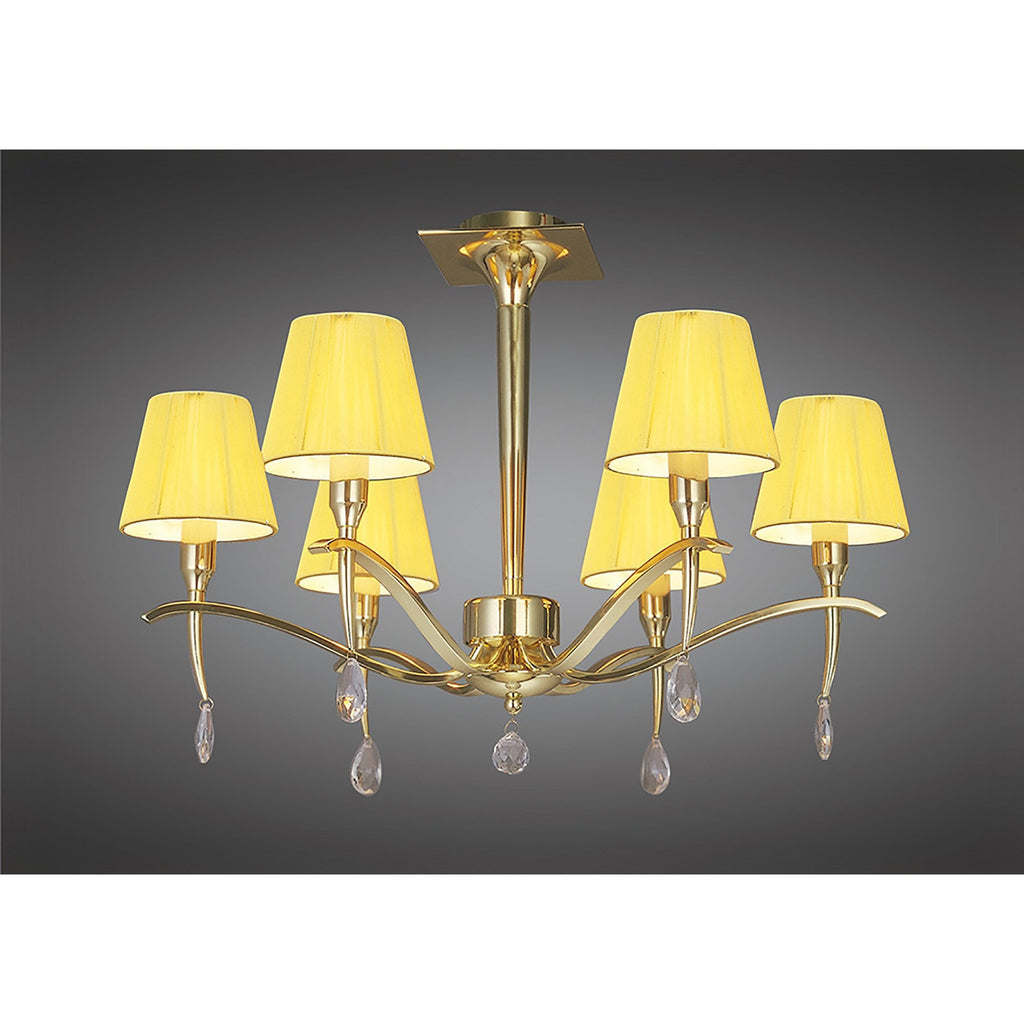 M0344PB Siena Semi Flush Round 6 Light E14 Polished Brass Amber Cream Shades And Clear Crystal