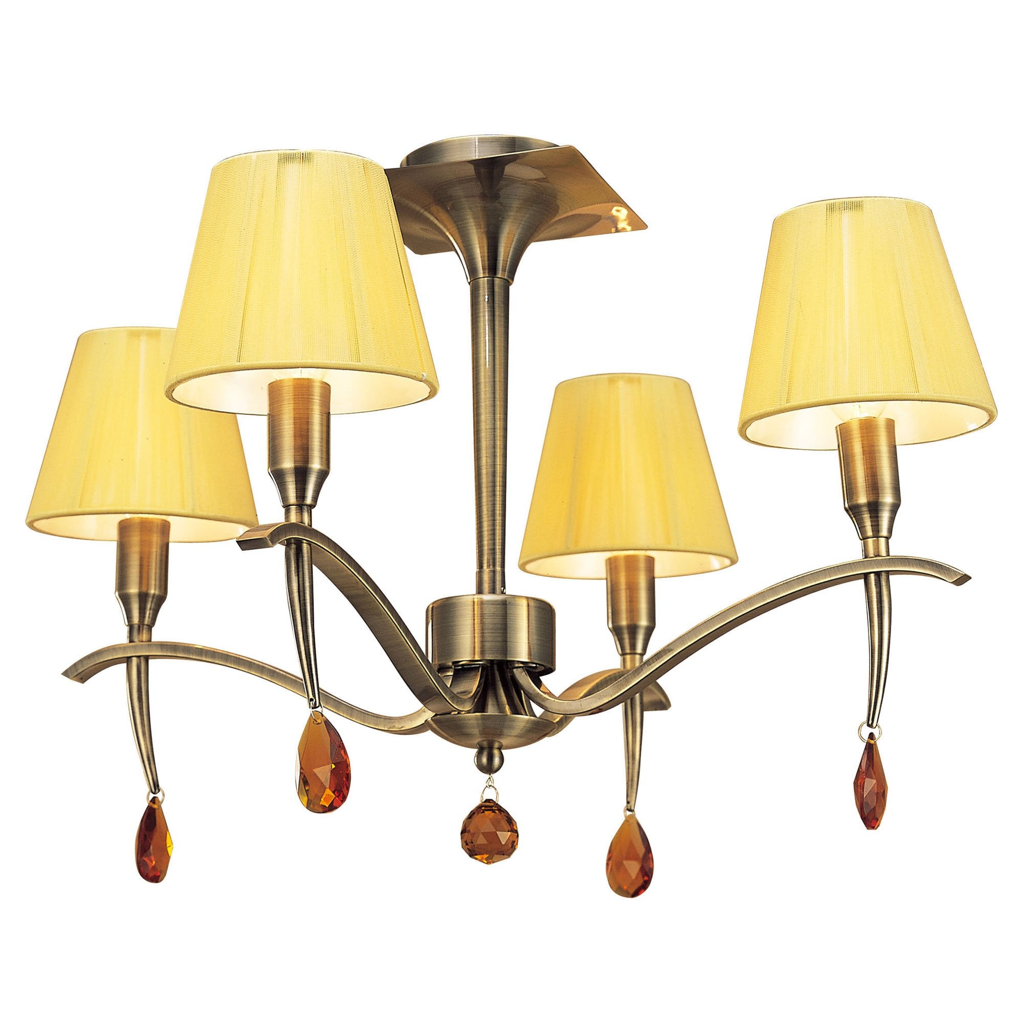 M0345AB Siena Semi Flush Round 4 Light E14 Antique Brass Amber Cream Shades And Amber Crystal