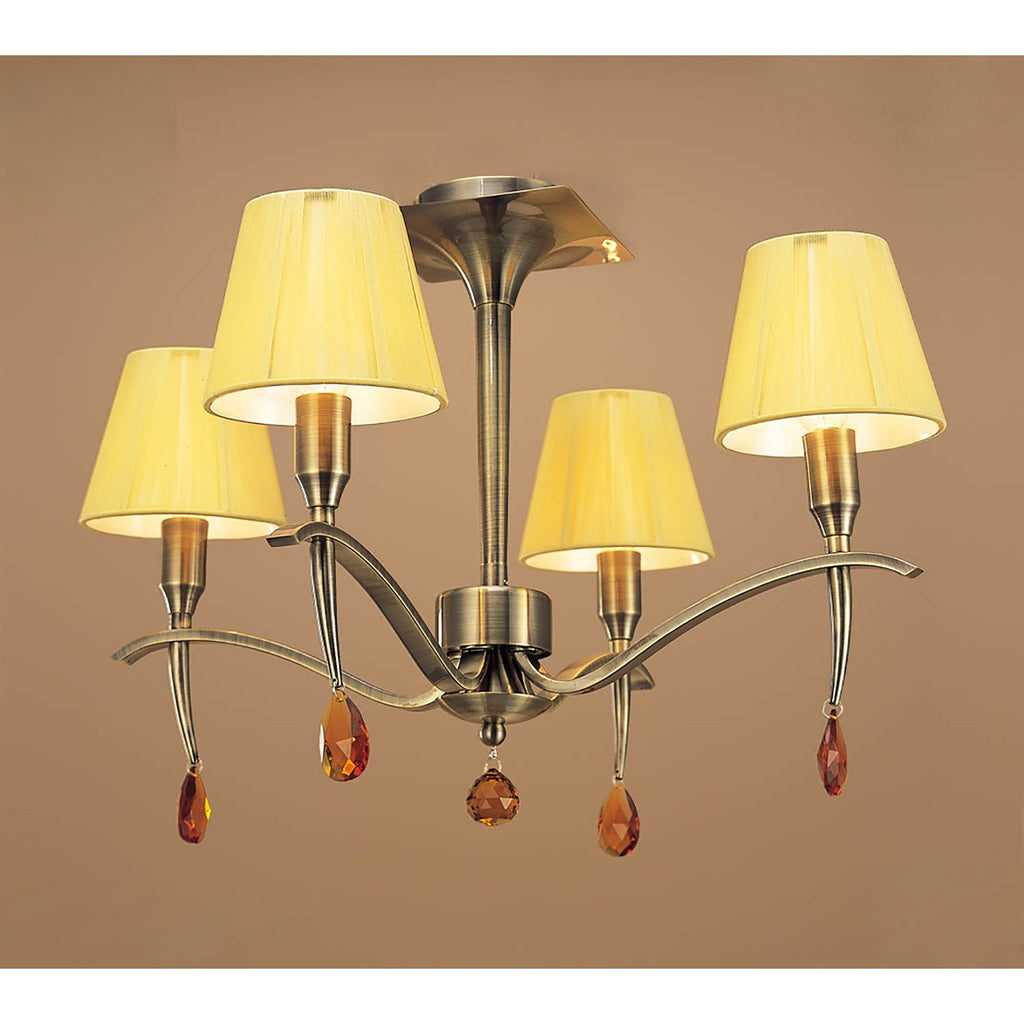 M0345AB Siena Semi Flush Round 4 Light E14 Antique Brass Amber Cream Shades And Amber Crystal
