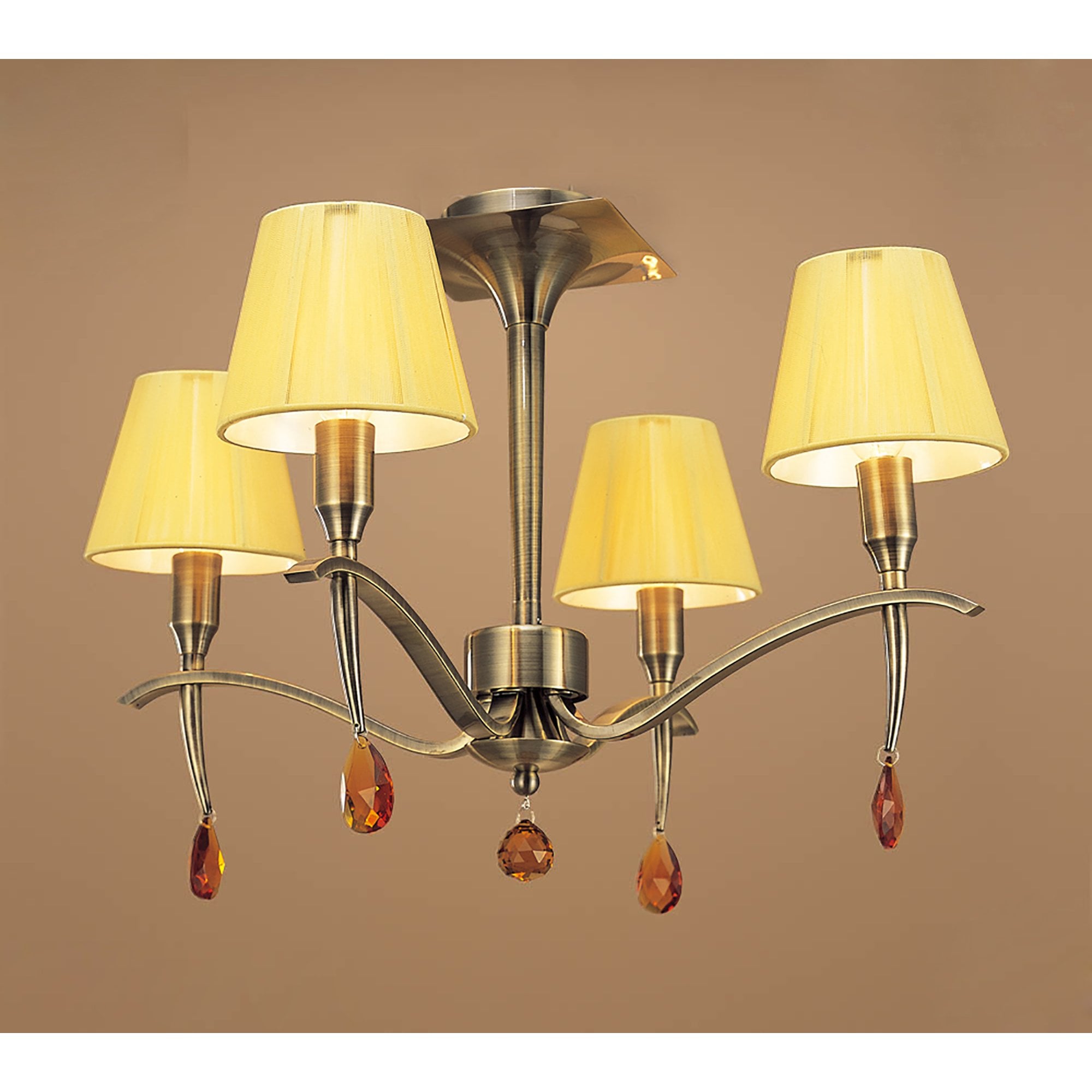 M0345AB Siena Semi Flush Round 4 Light E14 Antique Brass Amber Cream Shades And Amber Crystal