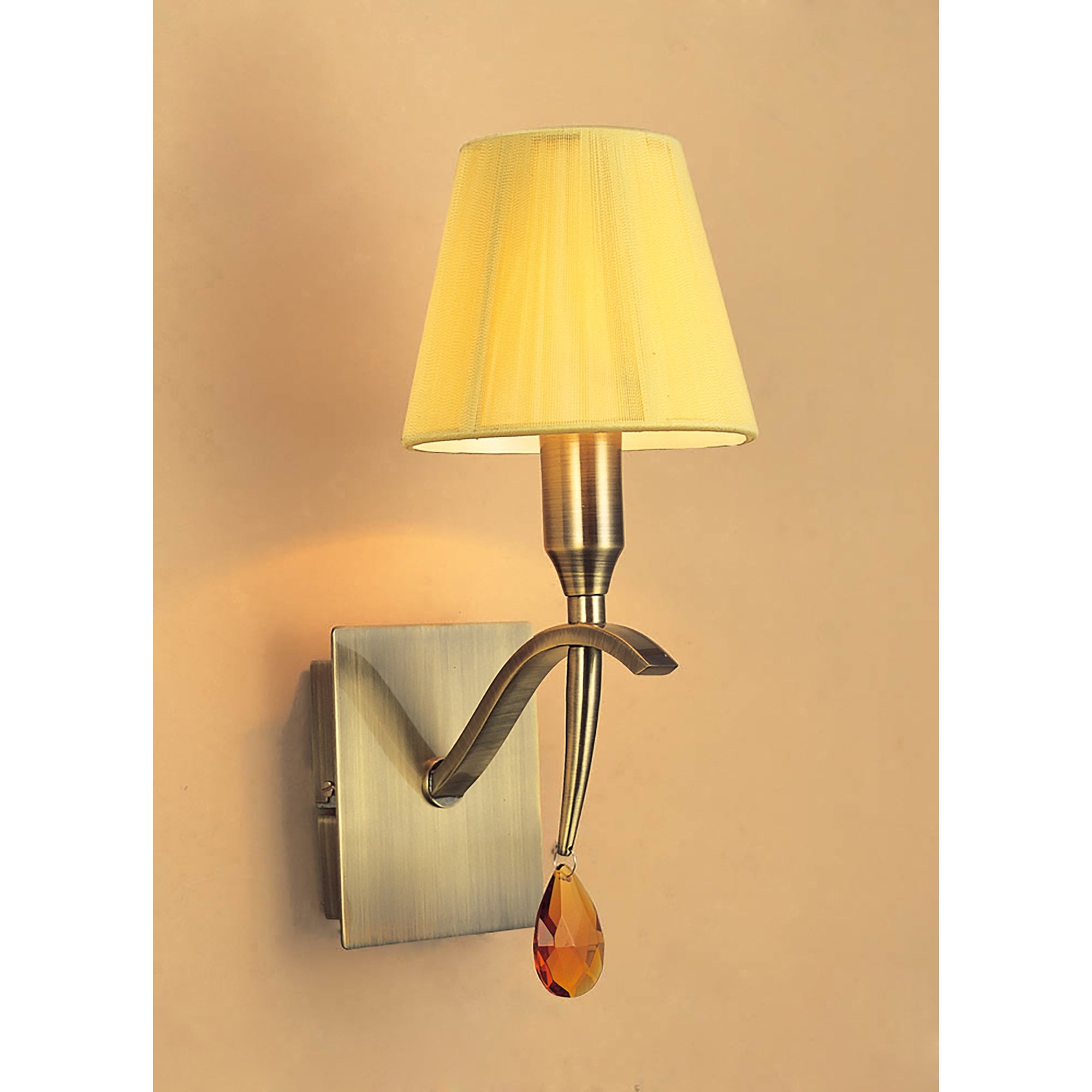 M0347AB/S Siena Wall Lamp Switched 1 Light E14 Antique Brass Amber Cream Shade And Amber Crystal