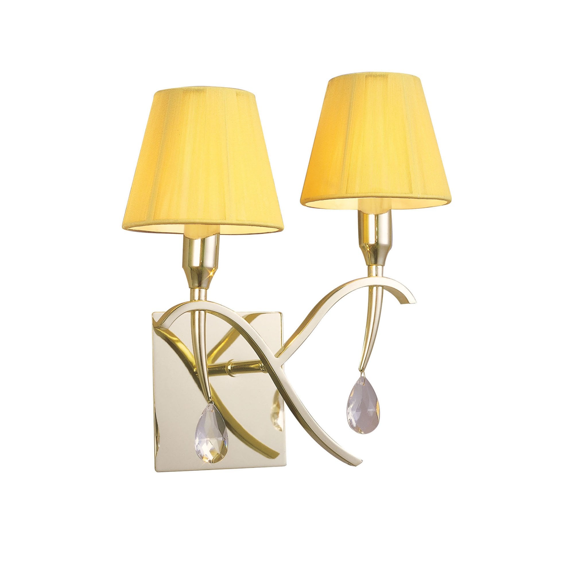 M0348PB/S Siena Wall Lamp Switched 2 Light E14 Polished Brass Amber Cream Shades And Clear Crystal