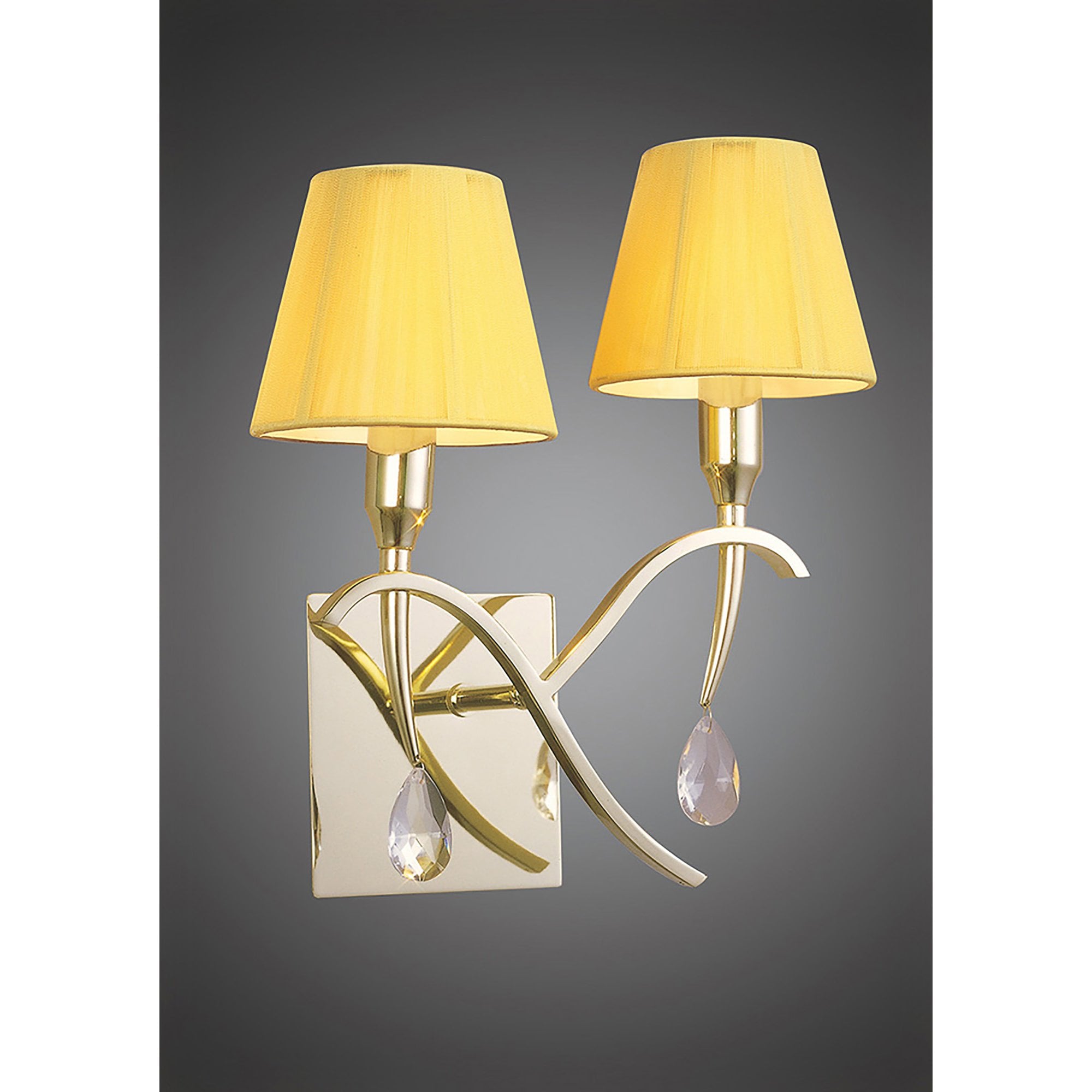 M0348PB/S Siena Wall Lamp Switched 2 Light E14 Polished Brass Amber Cream Shades And Clear Crystal