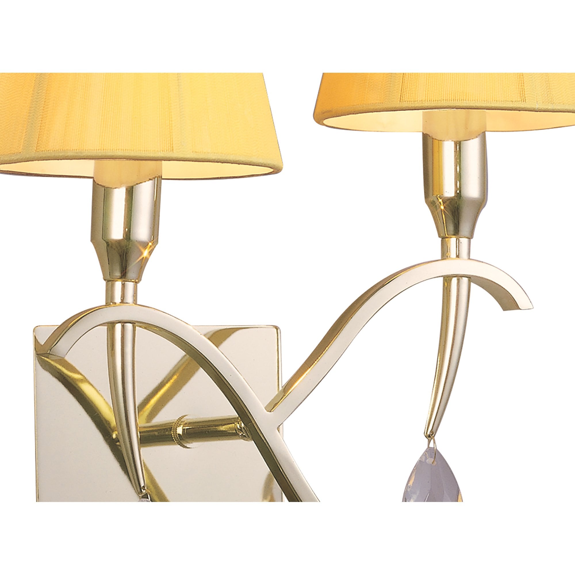 M0348PB/S Siena Wall Lamp Switched 2 Light E14 Polished Brass Amber Cream Shades And Clear Crystal