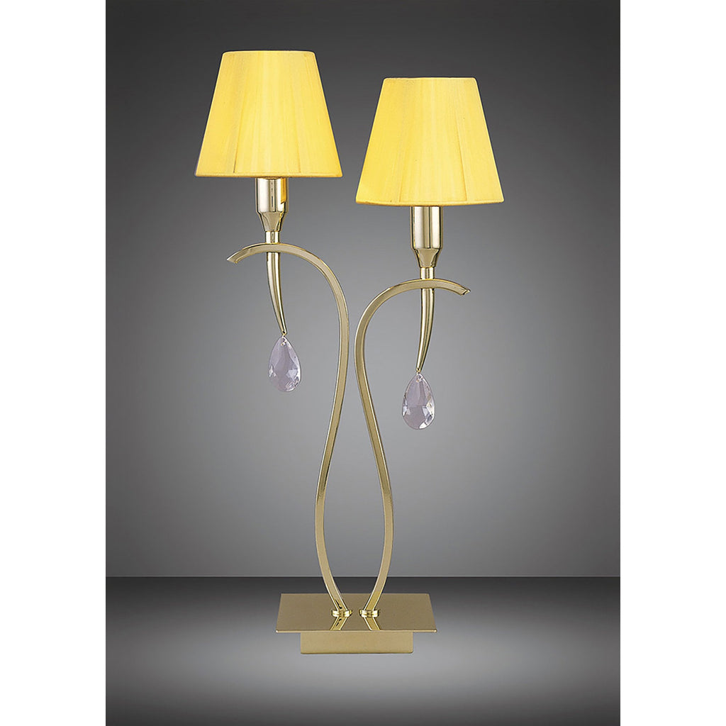 M0350PB Siena Table Lamp 2 Light E14 Polished Brass Amber Cream Shades And Clear Crystal