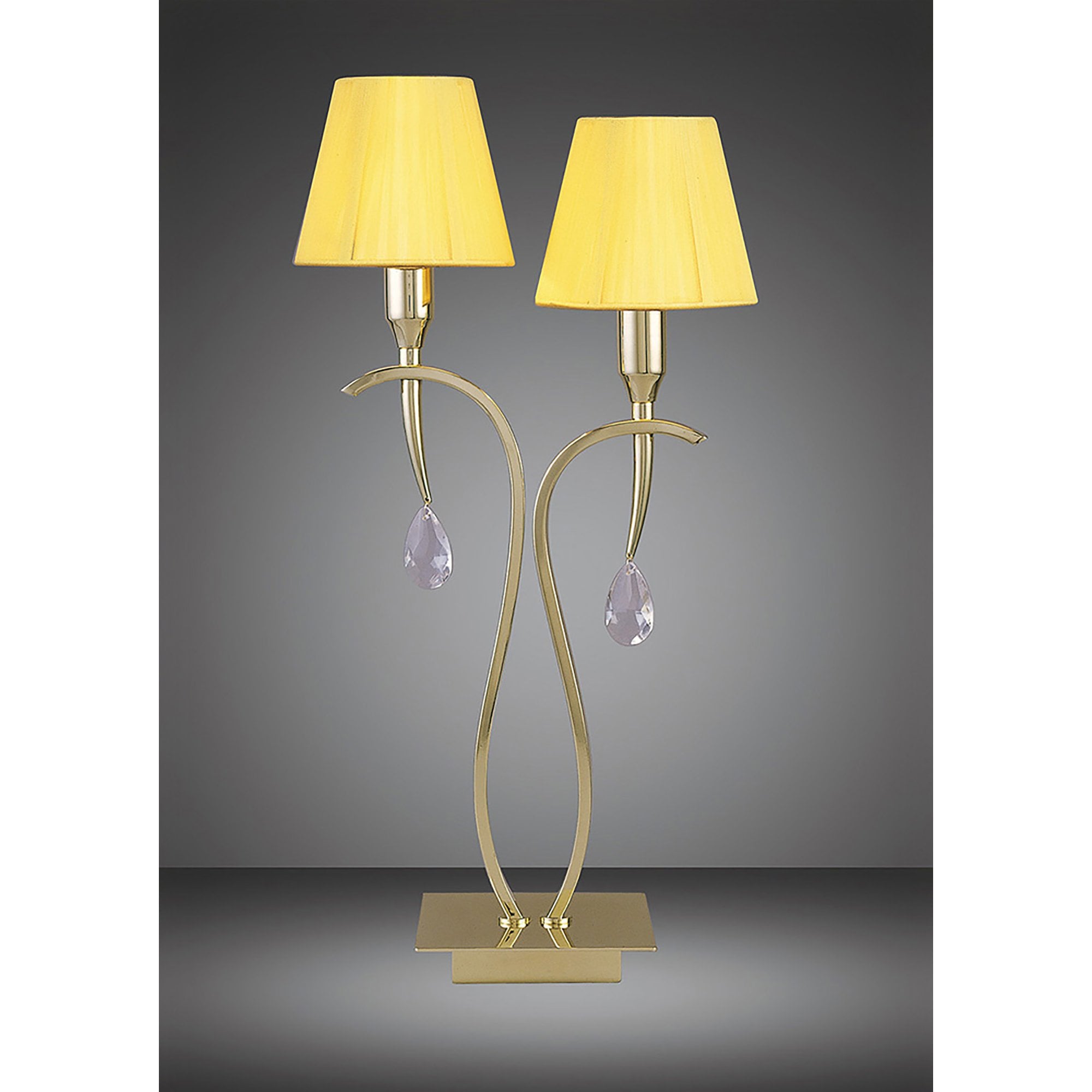 M0350PB Siena Table Lamp 2 Light E14 Polished Brass Amber Cream Shades And Clear Crystal