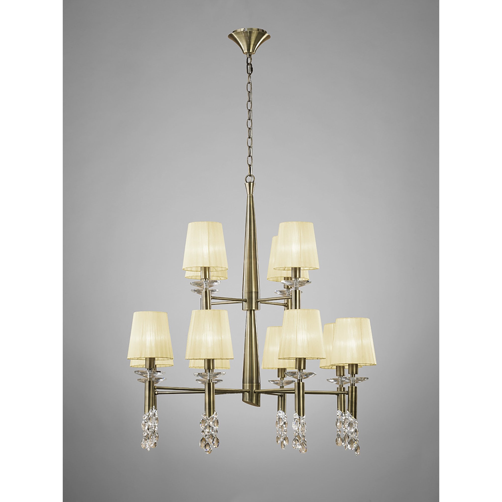 M3870/CS Tiffany Pendant 2 Tier 12+12 Light E14+G9 Antique Brass Cream Shades & Clear Crystal