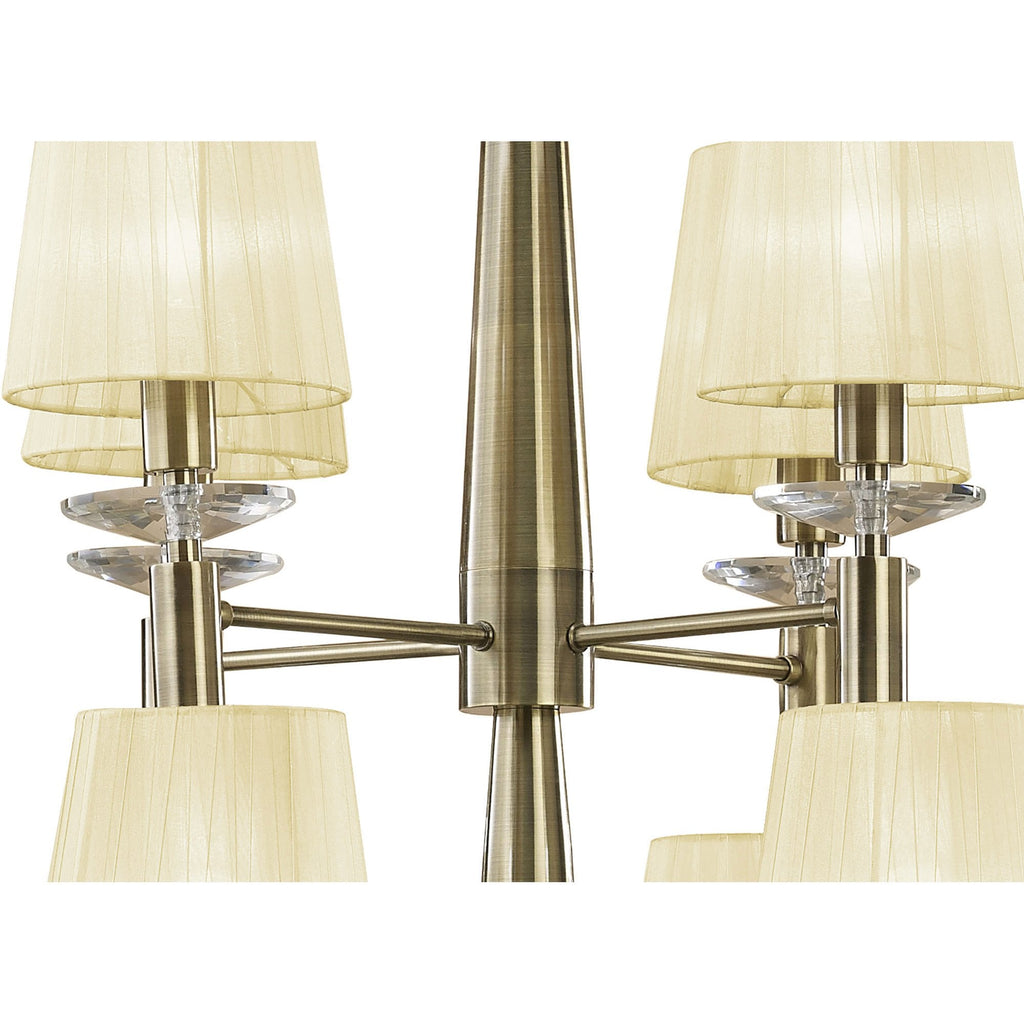 M3870/CS Tiffany Pendant 2 Tier 12+12 Light E14+G9 Antique Brass Cream Shades & Clear Crystal