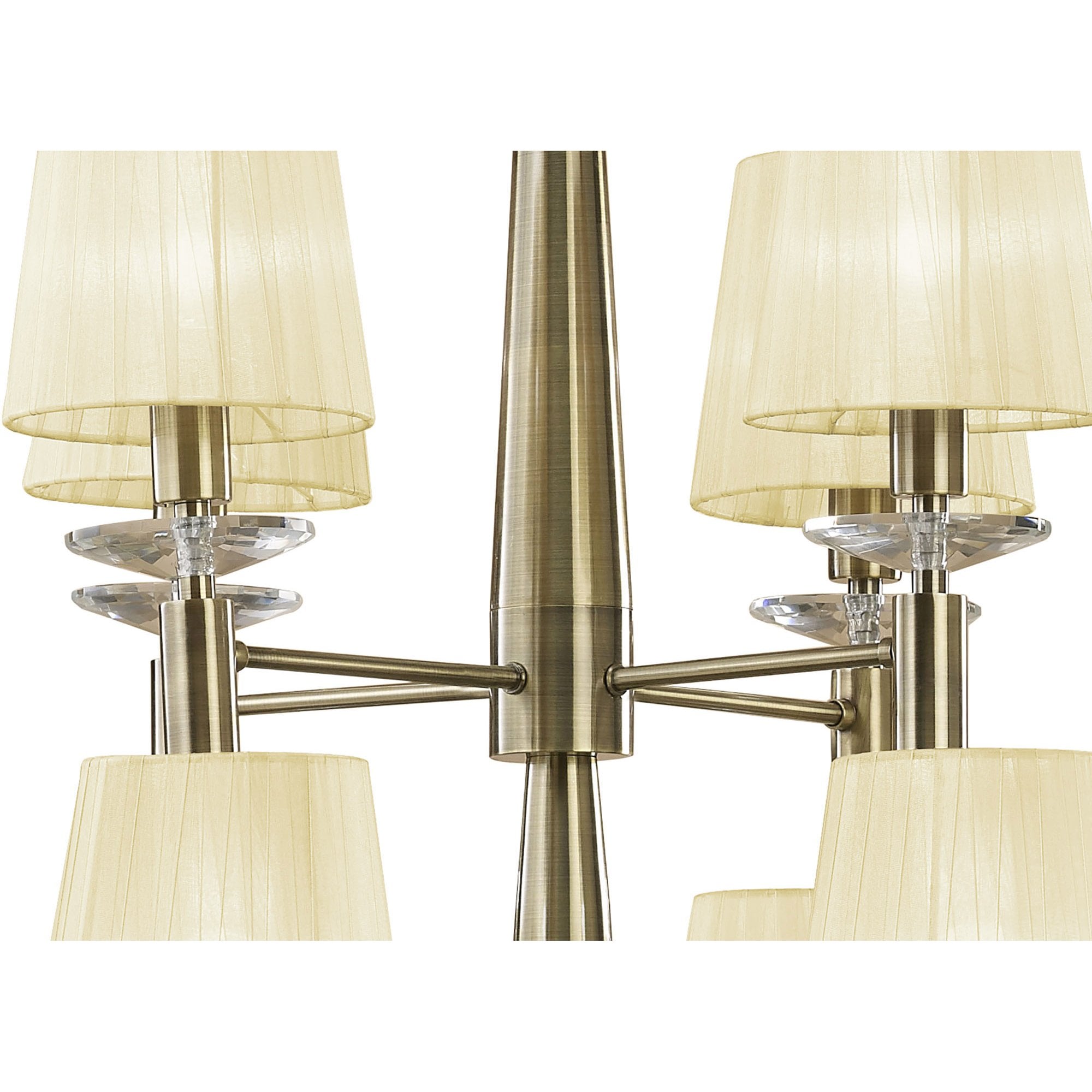 M3870/CS Tiffany Pendant 2 Tier 12+12 Light E14+G9 Antique Brass Cream Shades & Clear Crystal
