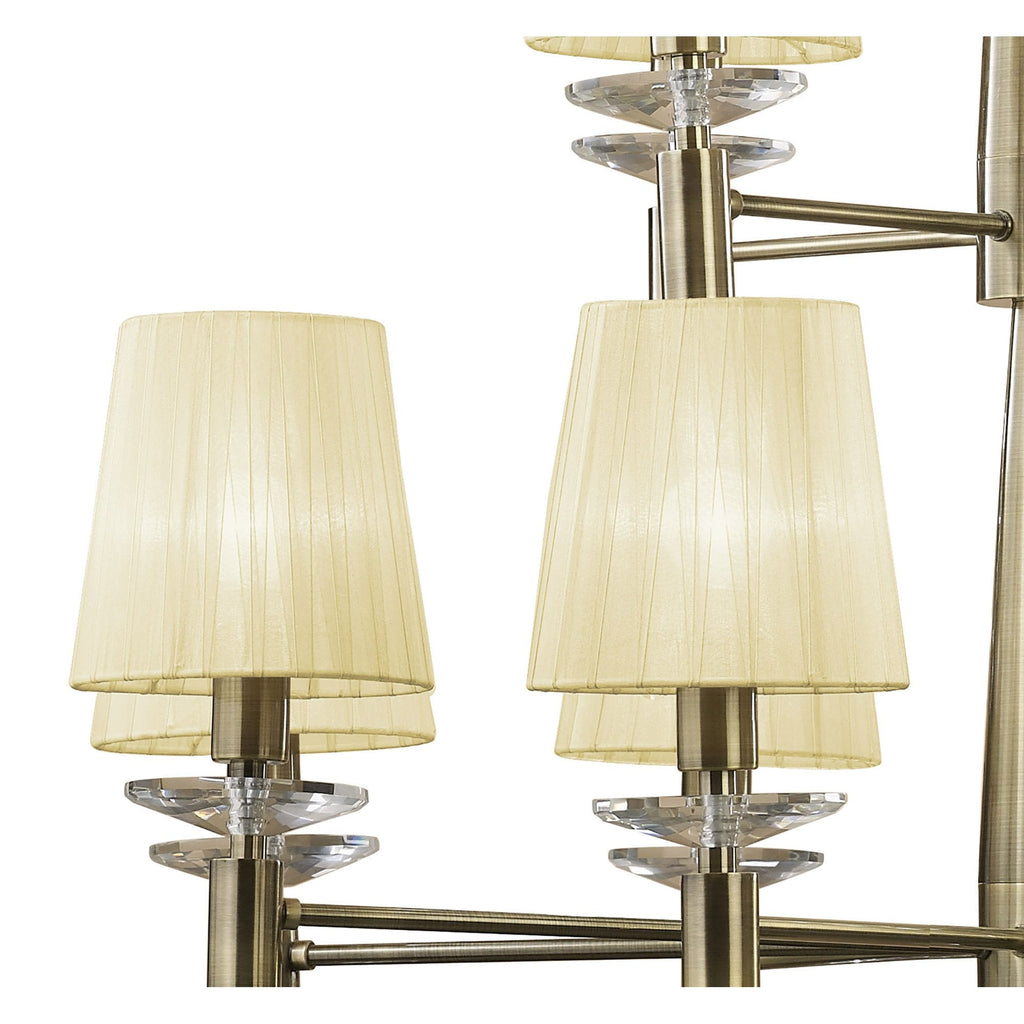 M3870/CS Tiffany Pendant 2 Tier 12+12 Light E14+G9 Antique Brass Cream Shades & Clear Crystal