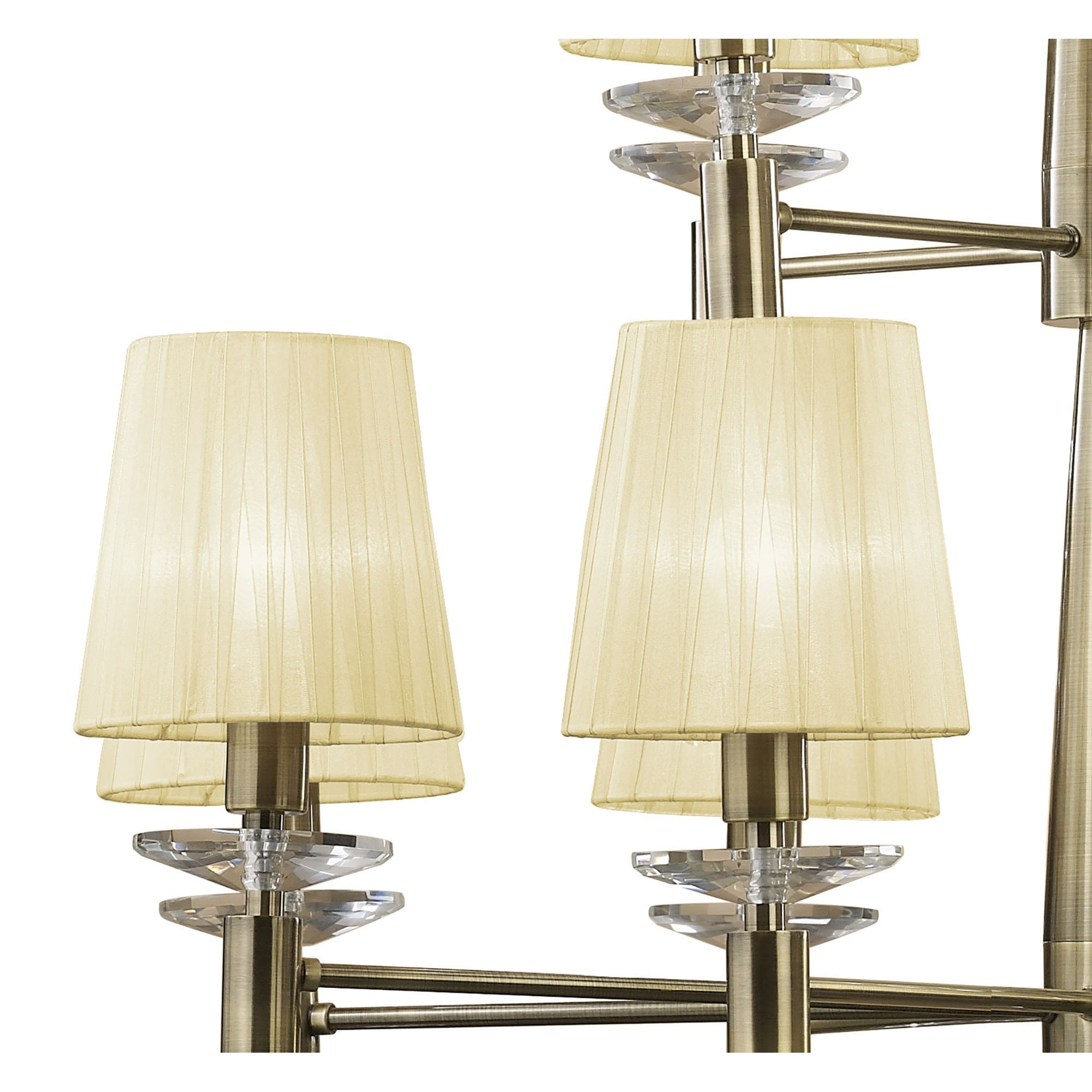 M3870/CS Tiffany Pendant 2 Tier 12+12 Light E14+G9 Antique Brass Cream Shades & Clear Crystal