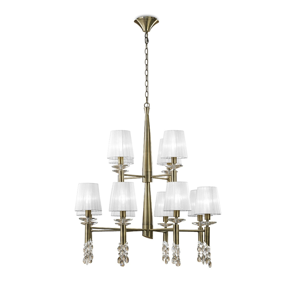 M3870/WS Tiffany Pendant 2 Tier 12+12 Light E14+G9 Antique Brass White Shades & Clear Crystal