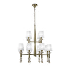 M3870/WS Tiffany Pendant 2 Tier 12+12 Light E14+G9 Antique Brass White Shades & Clear Crystal
