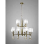 M3870/WS Tiffany Pendant 2 Tier 12+12 Light E14+G9 Antique Brass White Shades & Clear Crystal