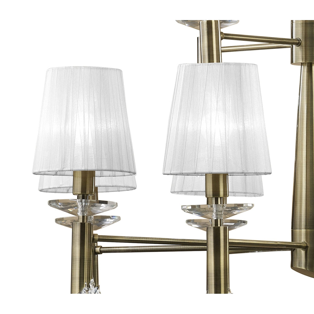 M3870/WS Tiffany Pendant 2 Tier 12+12 Light E14+G9 Antique Brass White Shades & Clear Crystal