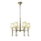 M3871/CS Tiffany Pendant 6+6 Light E14+G9 Antique Brass Cream Shades & Clear Crystal