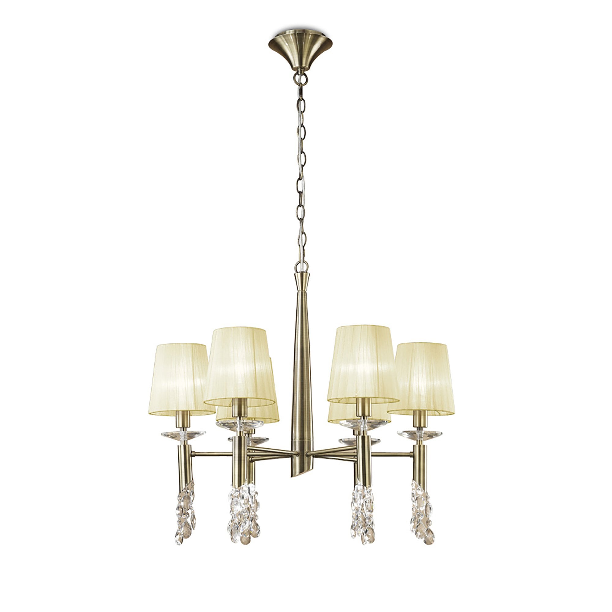 M3871/CS Tiffany Pendant 6+6 Light E14+G9 Antique Brass Cream Shades & Clear Crystal