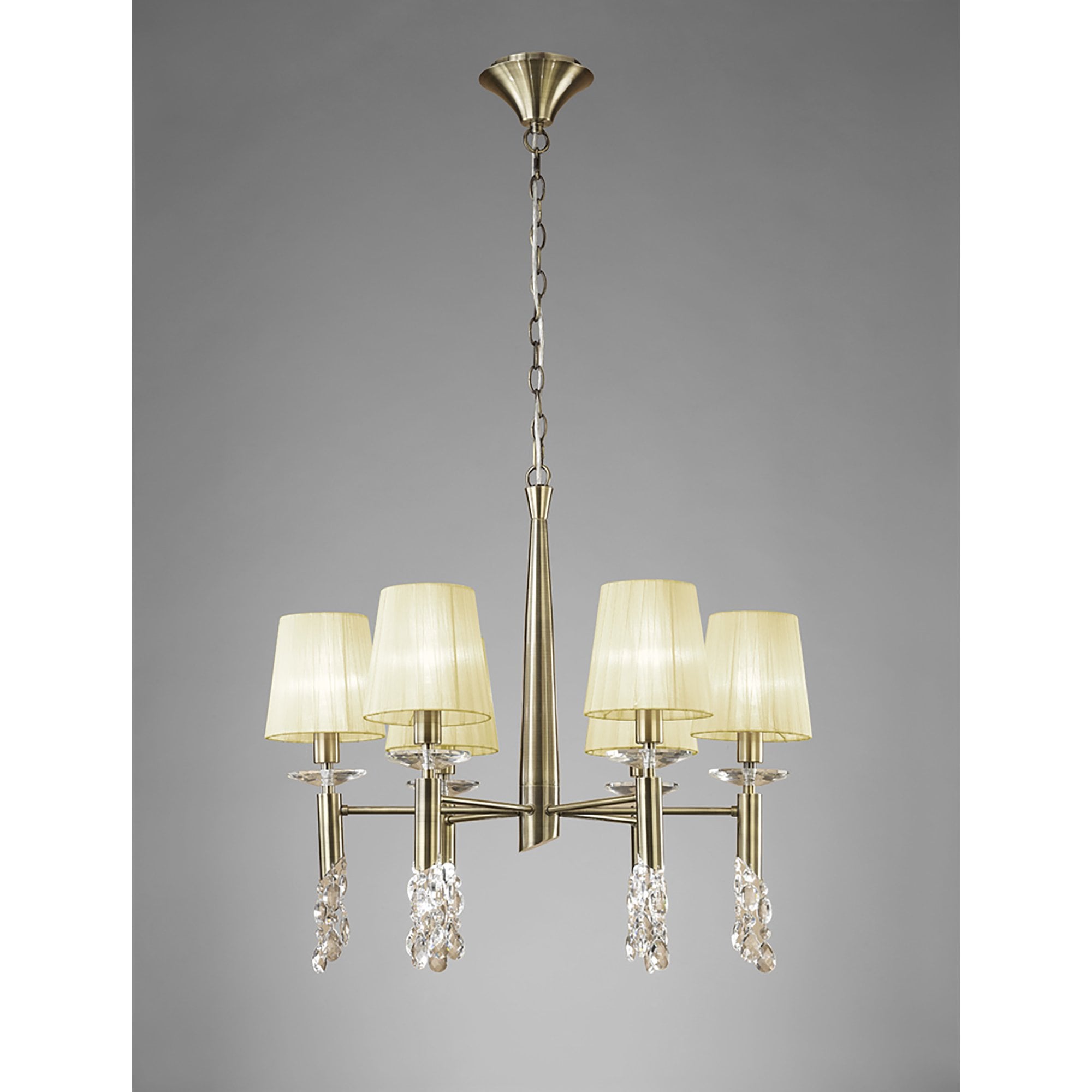 M3871/CS Tiffany Pendant 6+6 Light E14+G9 Antique Brass Cream Shades & Clear Crystal