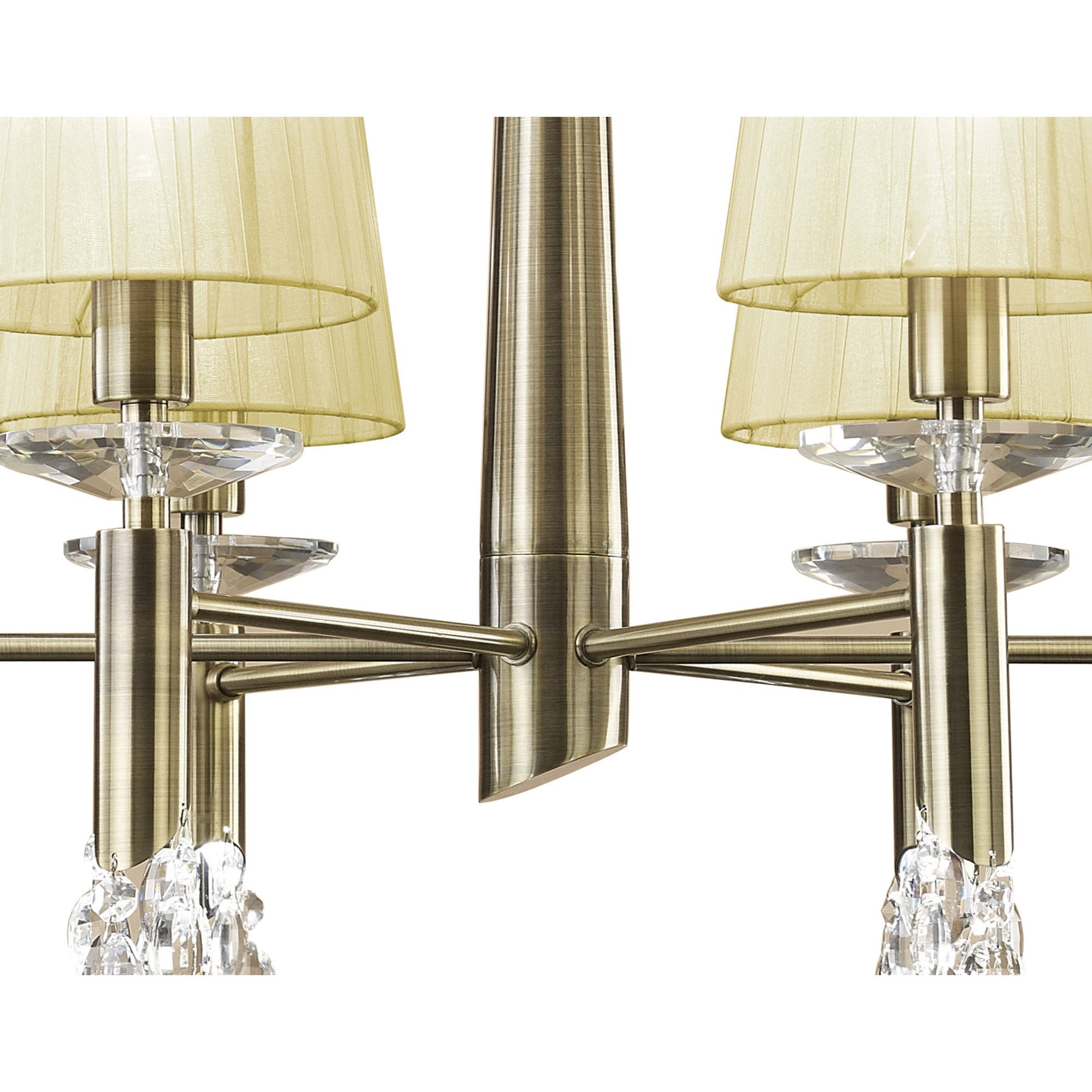 M3871/CS Tiffany Pendant 6+6 Light E14+G9 Antique Brass Cream Shades & Clear Crystal