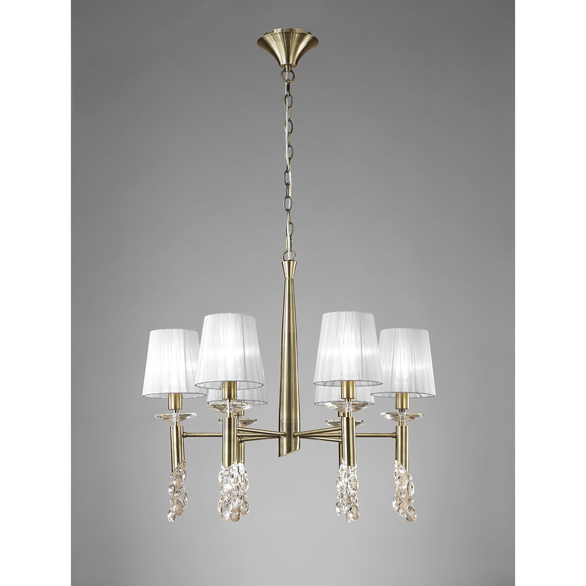 M3871/WS Tiffany Pendant 6+6 Light E14+G9 Antique Brass White Shades & Clear Crystal