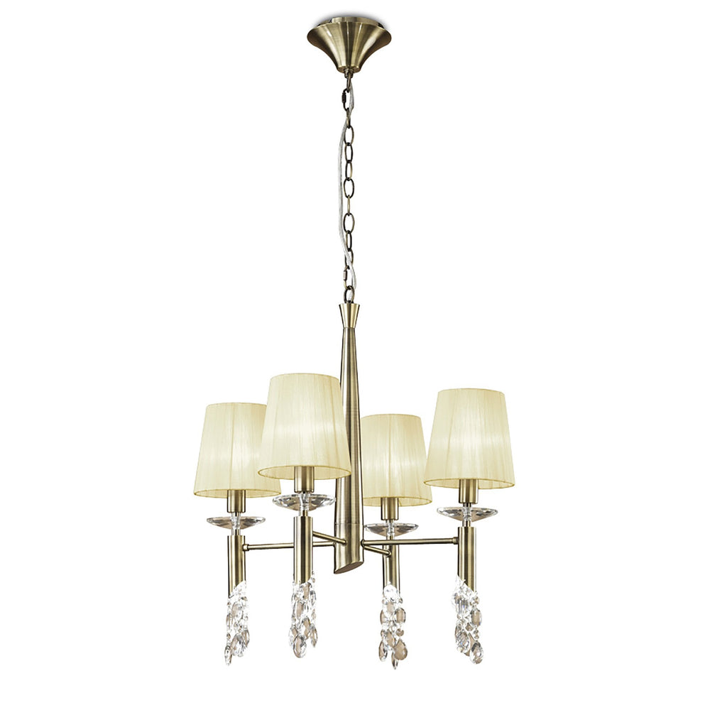 M3872/CS Tiffany Pendant 4+4 Light E14+G9 Antique Brass Cream Shades & Clear Crystal