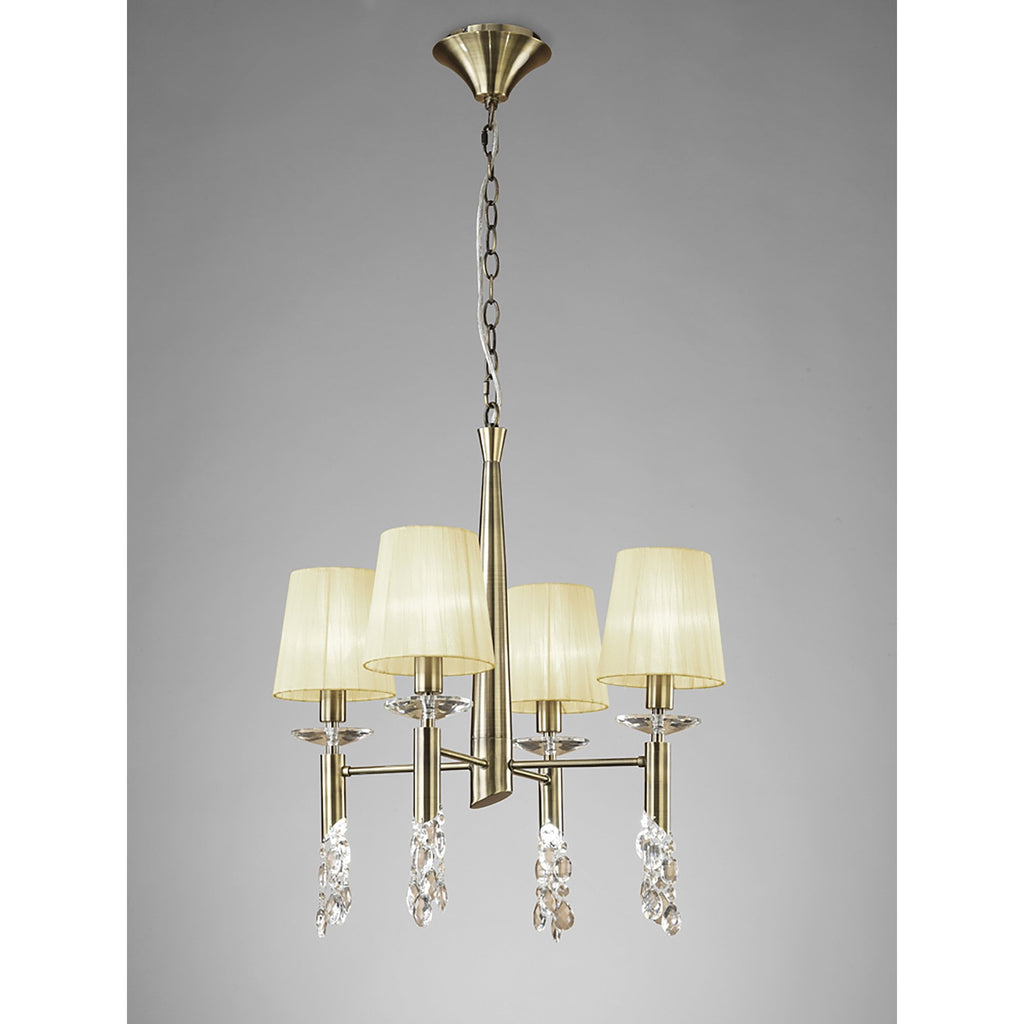 M3872/CS Tiffany Pendant 4+4 Light E14+G9 Antique Brass Cream Shades & Clear Crystal