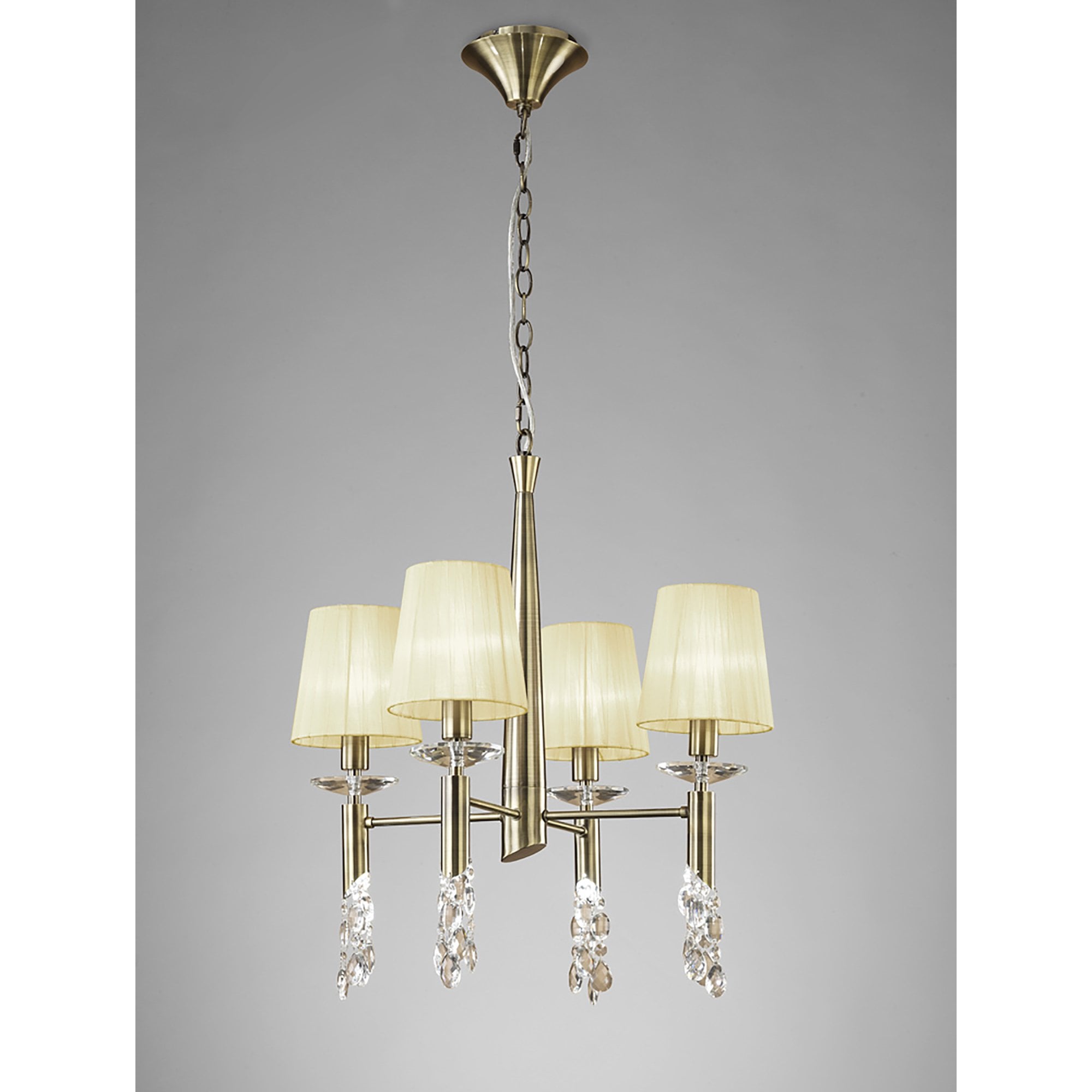 M3872/CS Tiffany Pendant 4+4 Light E14+G9 Antique Brass Cream Shades & Clear Crystal