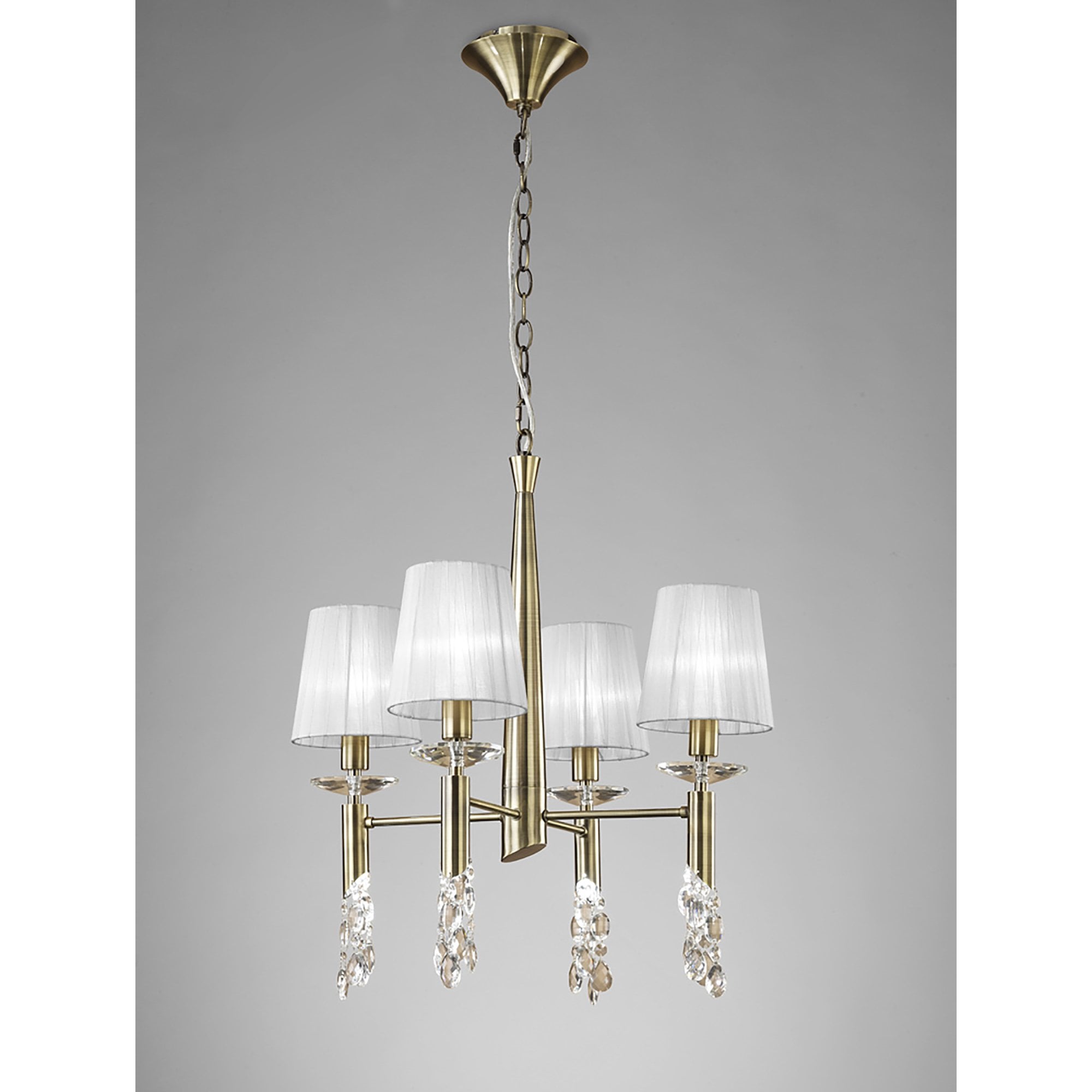 M3872/WS Tiffany Pendant 4+4 Light E14+G9 Antique Brass White Shades & Clear Crystal