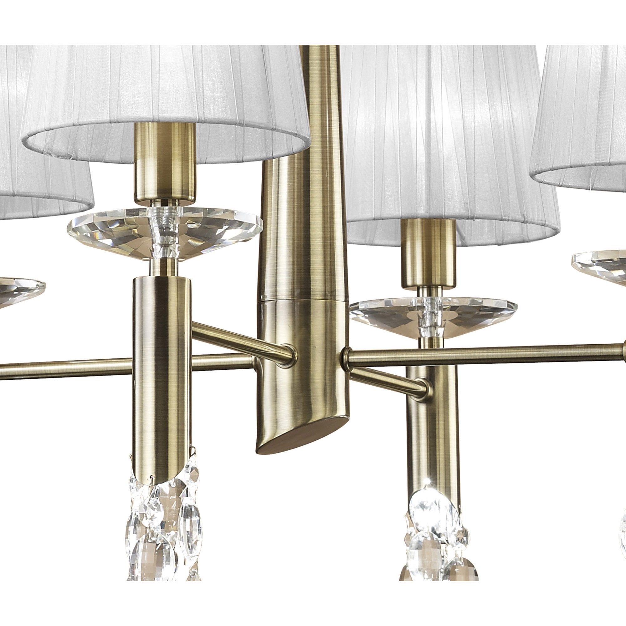 M3872/WS Tiffany Pendant 4+4 Light E14+G9 Antique Brass White Shades & Clear Crystal