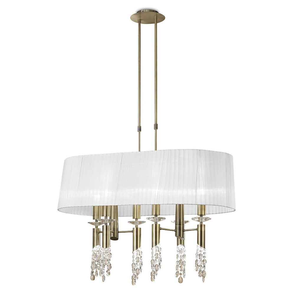 M3873/WS Tiffany Pendant 6+6 Light E27+G9 Oval Antique Brass White Shade & Clear Crystal