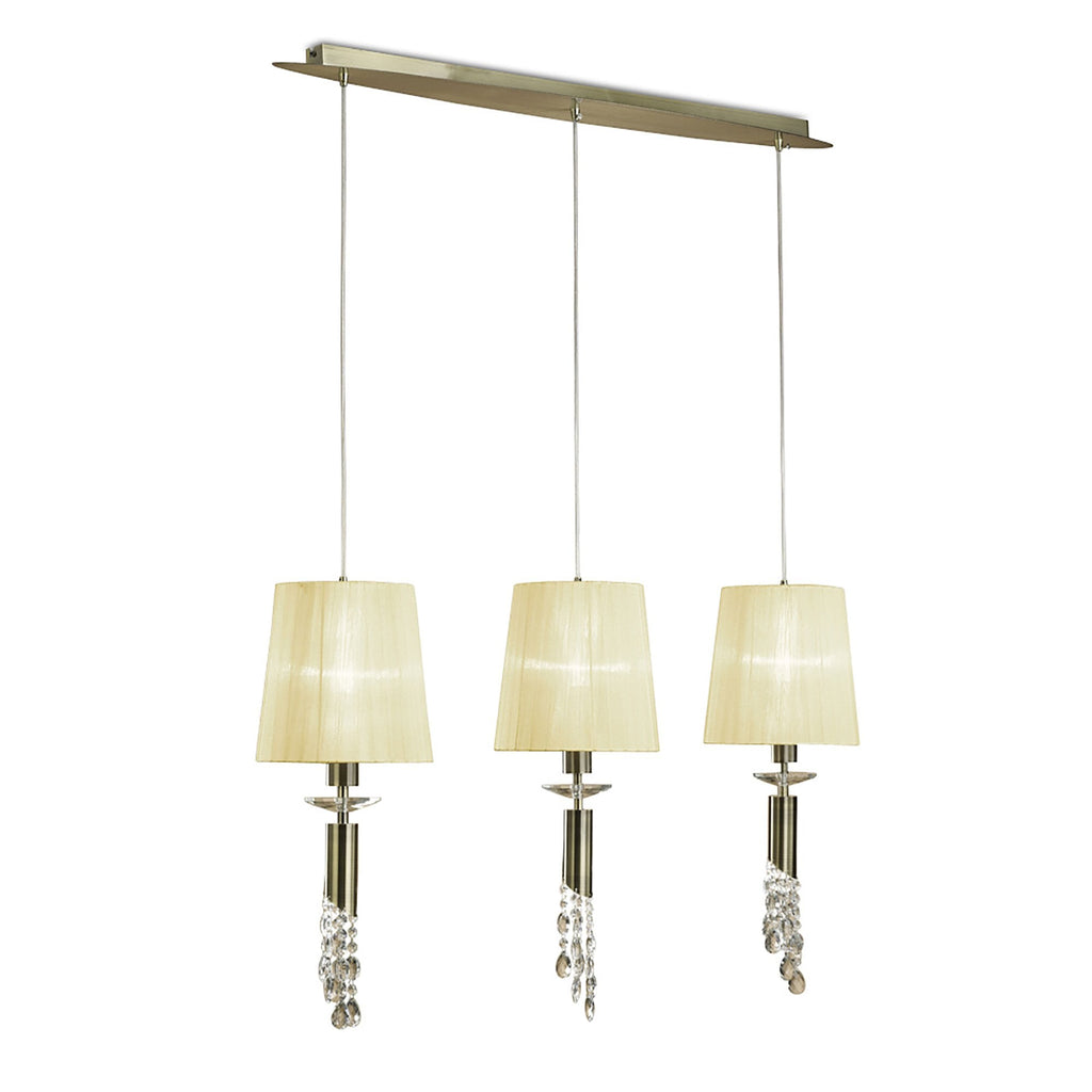 M3875/CS Tiffany Linear Pendant 3+3 Light E27+G9 Line Antique Brass Cream Shades & Clear Crystal