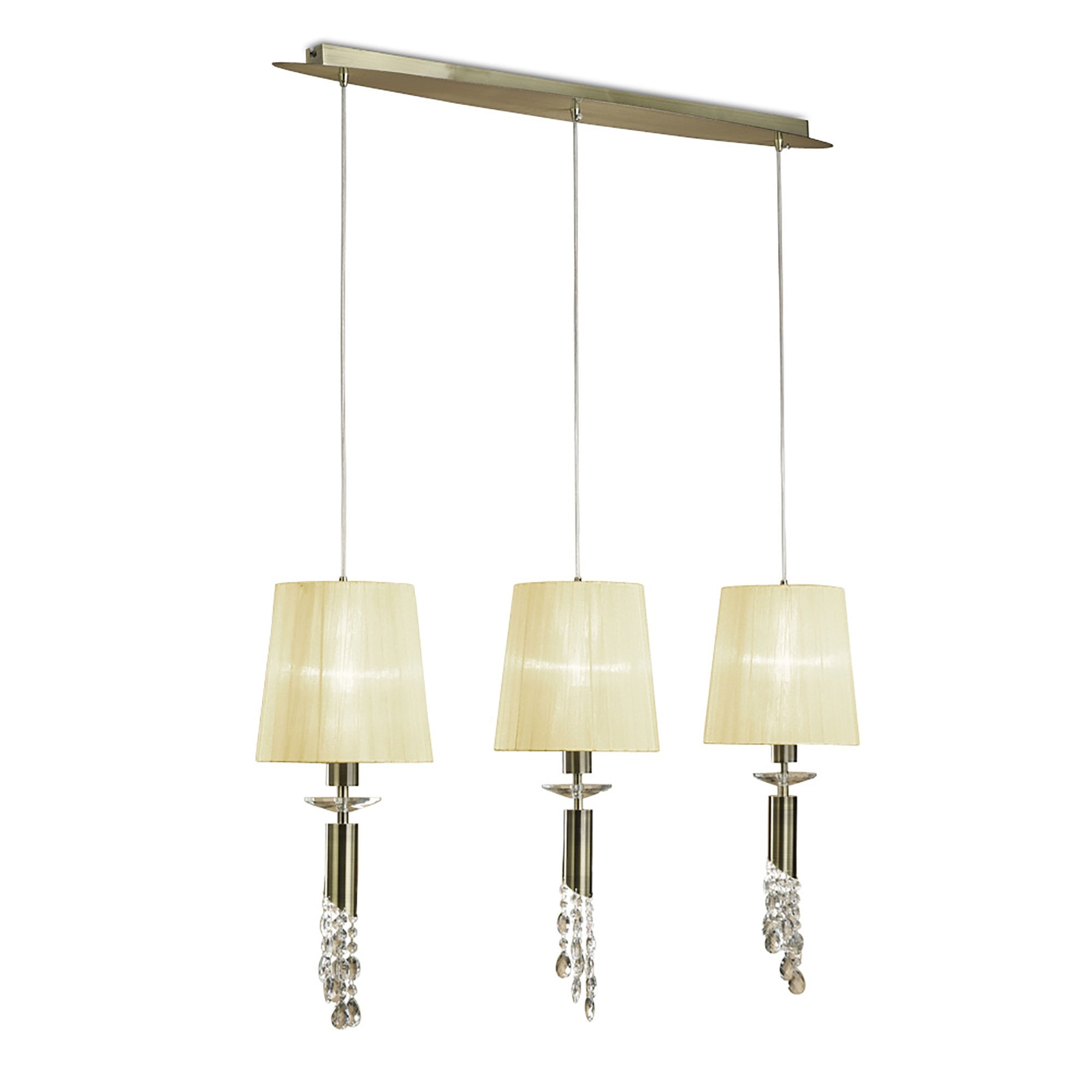 M3875/CS Tiffany Linear Pendant 3+3 Light E27+G9 Line Antique Brass Cream Shades & Clear Crystal