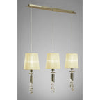 M3875/CS Tiffany Linear Pendant 3+3 Light E27+G9 Line Antique Brass Cream Shades & Clear Crystal