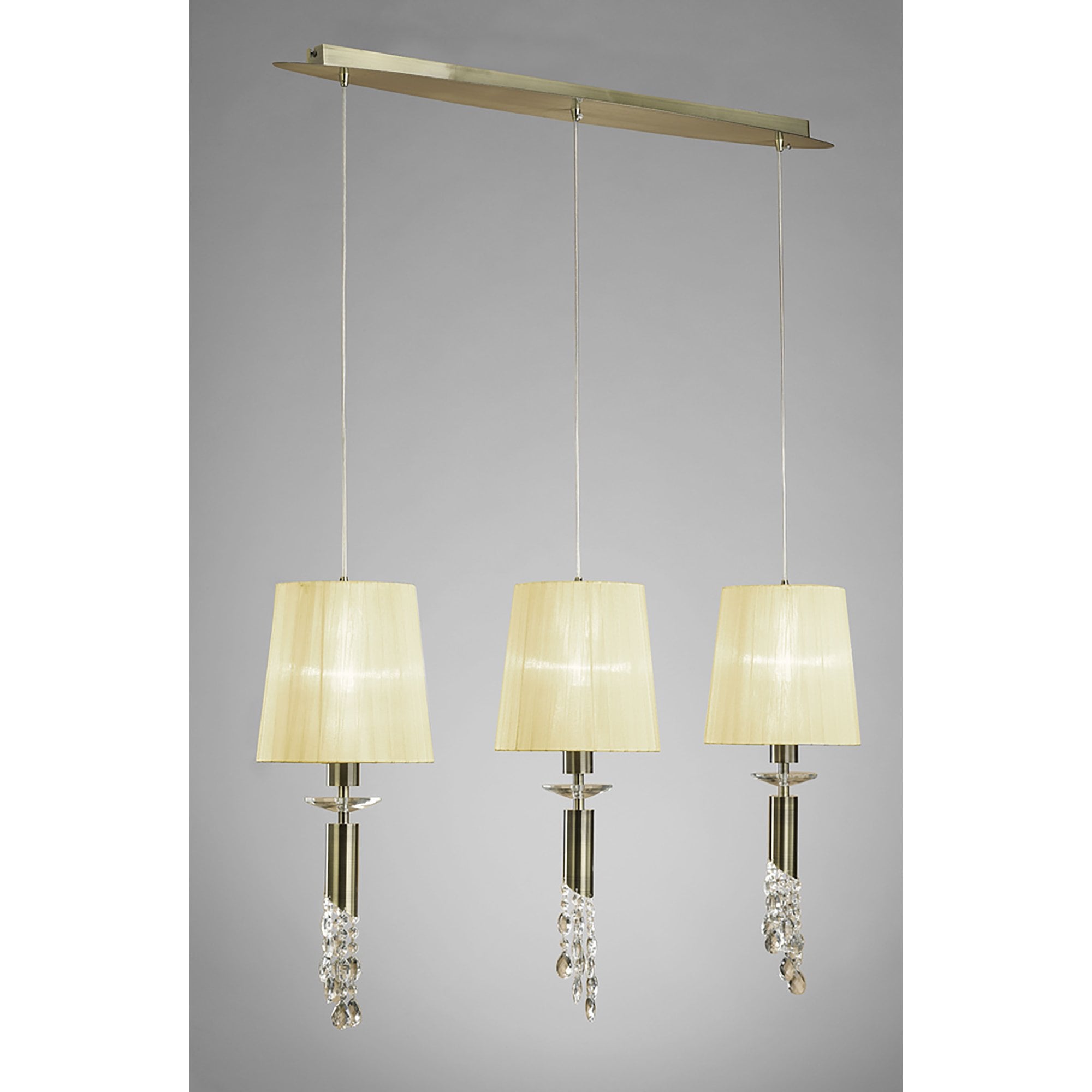 M3875/CS Tiffany Linear Pendant 3+3 Light E27+G9 Line Antique Brass Cream Shades & Clear Crystal