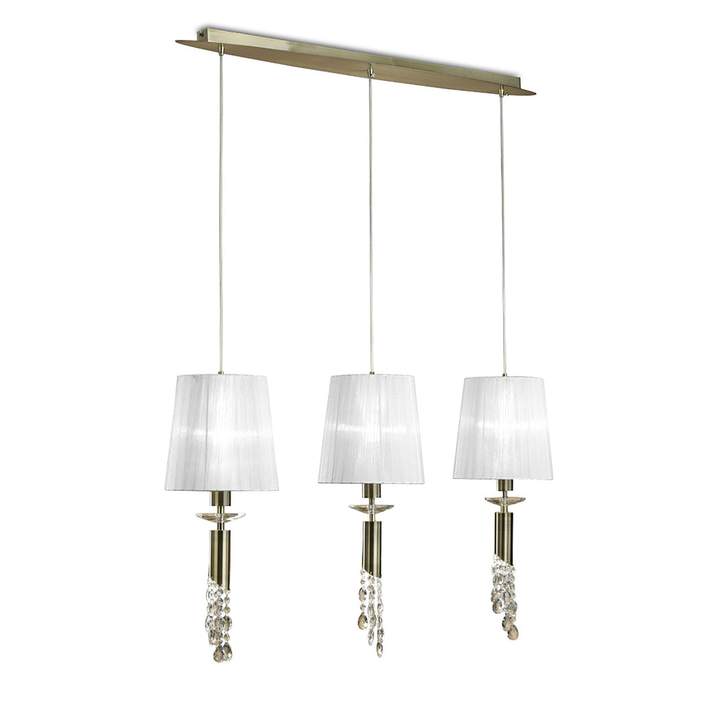 M3875/WS Tiffany Linear Pendant 3+3 Light E27+G9 Line Antique Brass White Shades & Clear Crystal