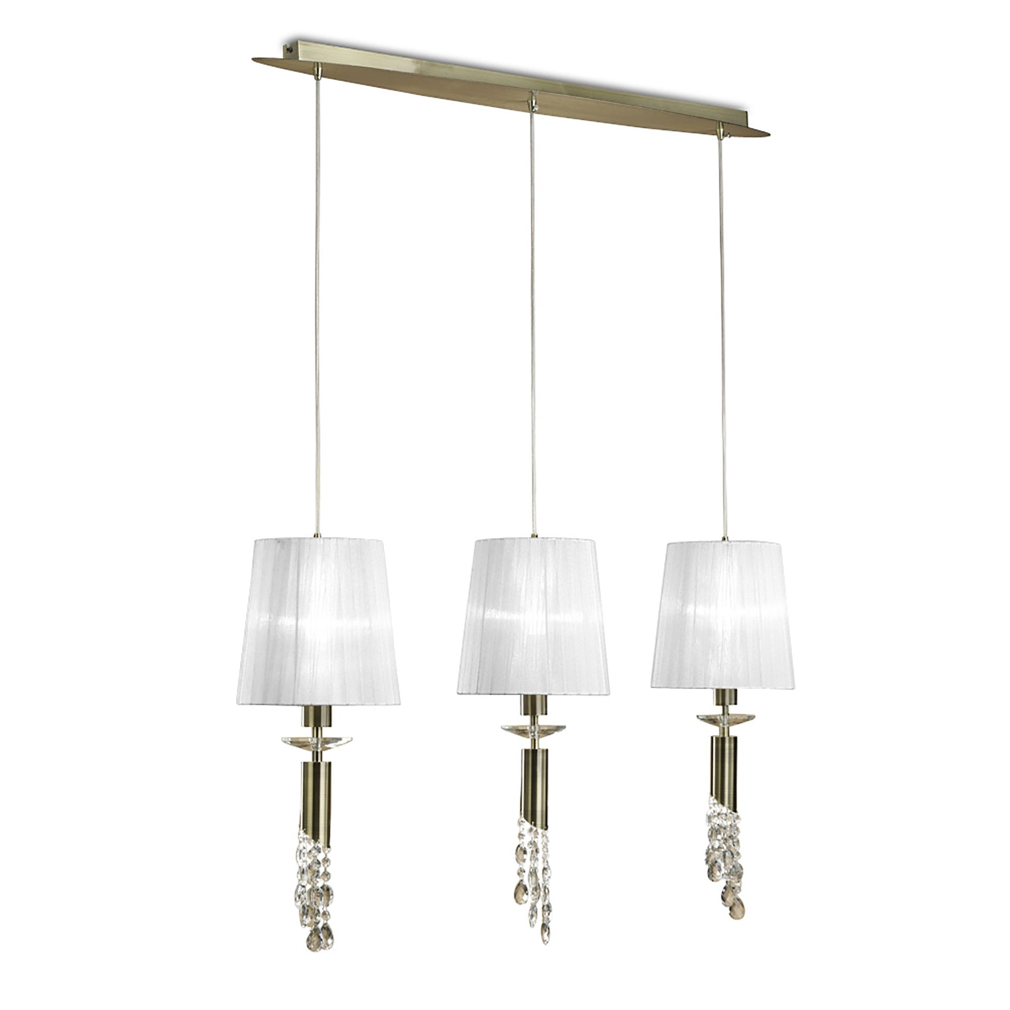 M3875/WS Tiffany Linear Pendant 3+3 Light E27+G9 Line Antique Brass White Shades & Clear Crystal